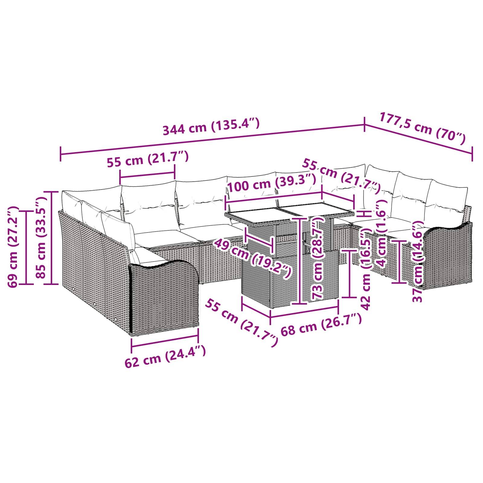 Maßstabgerechte Zeichnung eines Eck-Sektionalsofas mit zwei Tischen, die die Gesamtgröße von 344 cm x 177,5 cm und Komponentenmessungen in cm und Zoll zeigt.