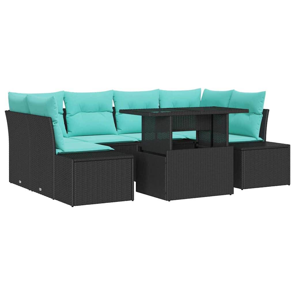 Schwarzes Polyrattan-Außensektionssofa mit türkisfarbenen Kissen und passendem quadratischem Tisch, auf weißem Hintergrund dargestellt.