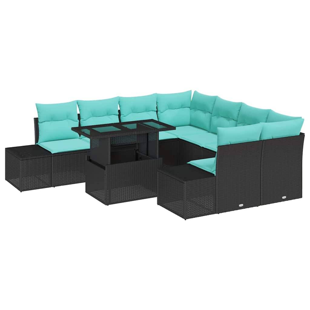 Schwarzes Rattan-Außenbereichs-Sofa-Set mit türkisfarbenen Kissen und einem Glastisch auf weißem Hintergrund.