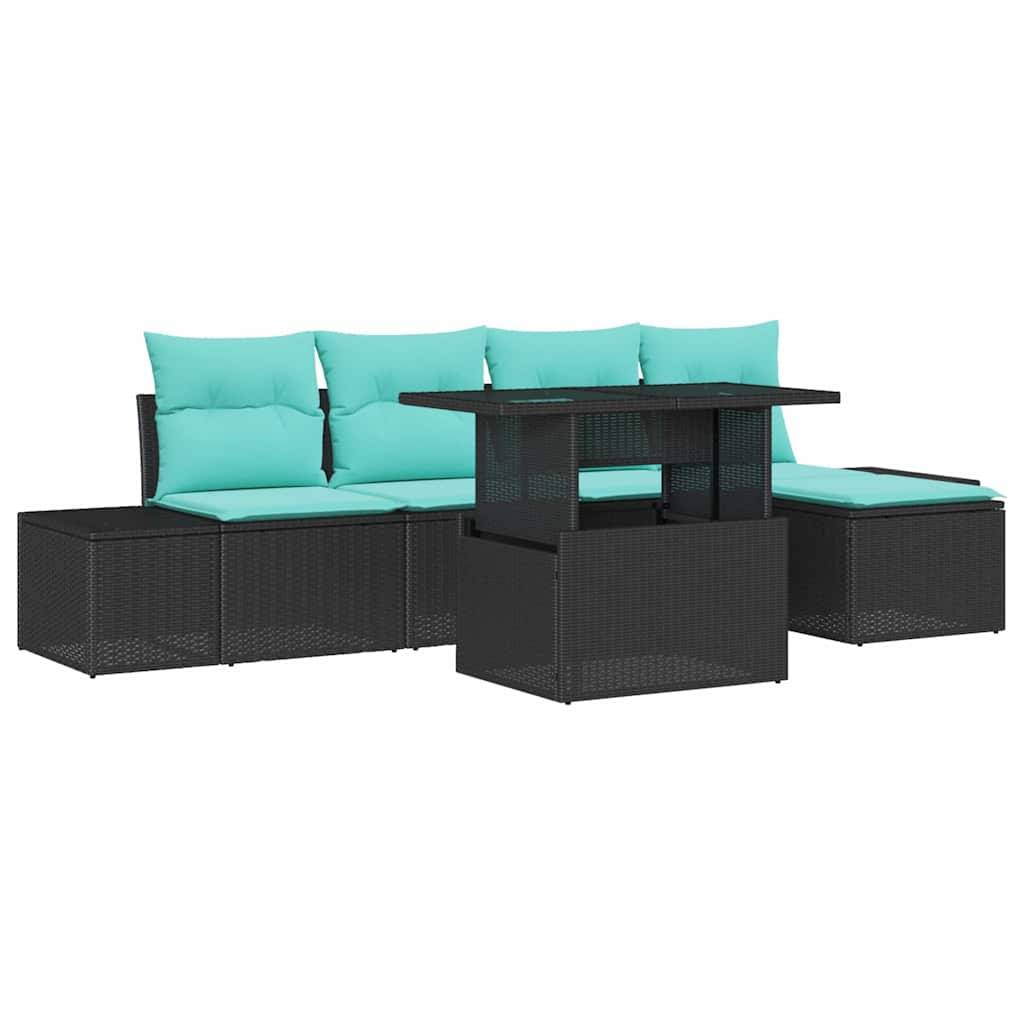 Schwarzes Korbgeflecht-Außenlounge-Set mit türkisfarbenen Kissen und einem zentralen quadratischen Tisch