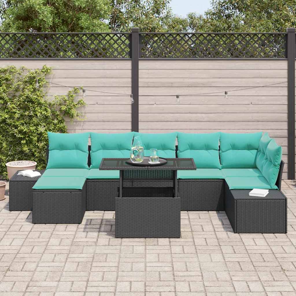 Outdoor-Terrassenmöbel-Set aus schwarzem Polyrattan mit türkisfarbenen Kissen, bestehend aus einer Eckgarnitur und einem passenden Couchtisch auf einer gepflasterten Terrasse.