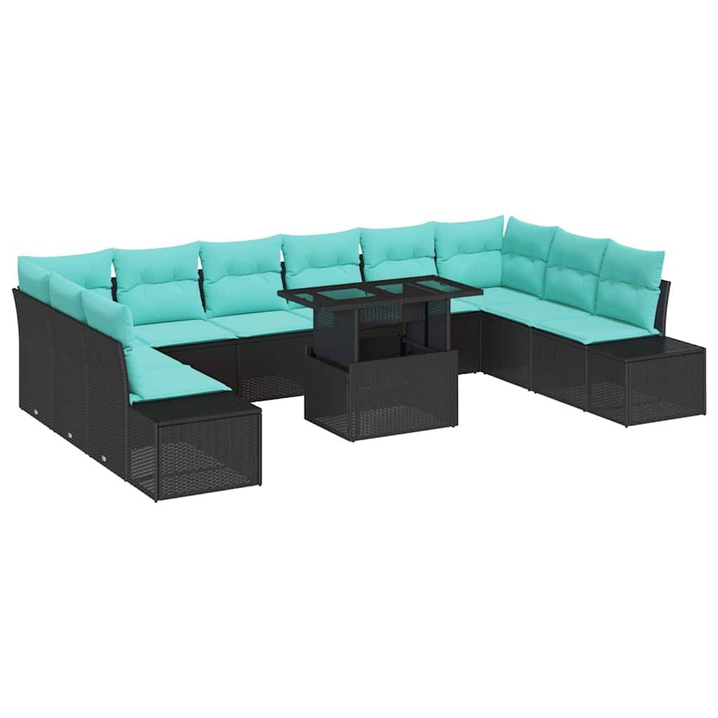 Schwarzes Rattan-Gartensofasegment mit türkisfarbenen Kissen und einem passenden quadratischen Couchtisch auf weißem Hintergrund.