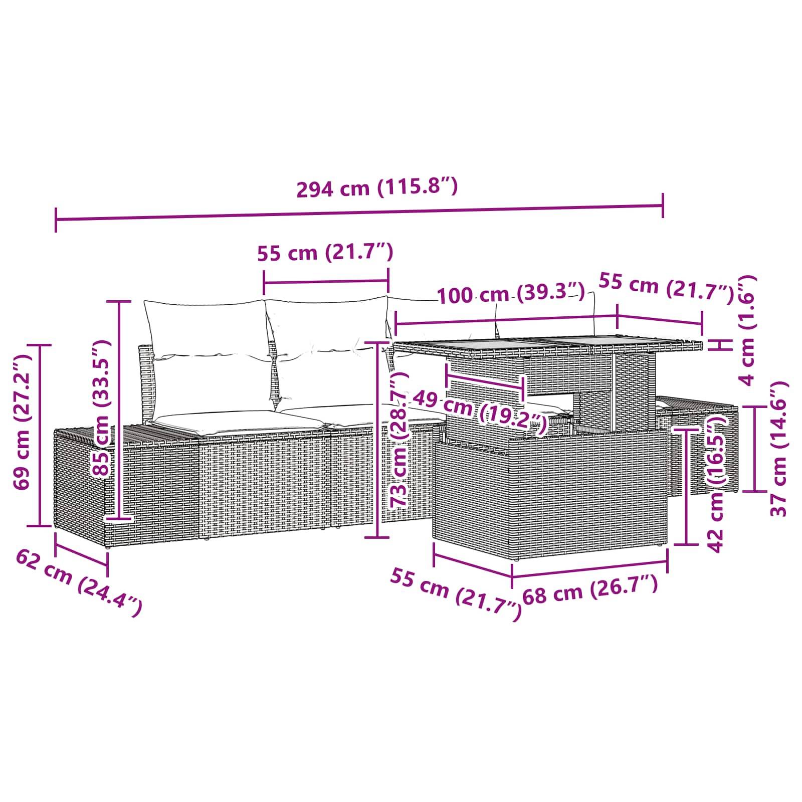Outdoor-Rattansofa-Set mit zweisitziger Recamiere, Sessel und Couchtisch, gezeigt mit Abmessungen: 294 cm Gesamtbreite, 100 cm Tischlänge und gekennzeichneten Sitz- und Tischhöhen.