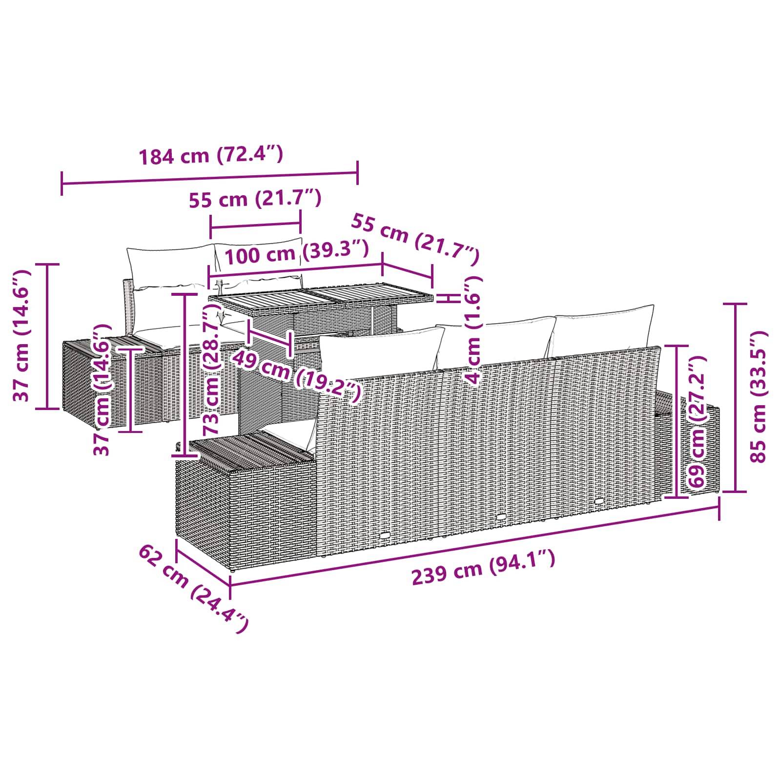# Maßstabgetreue Zeichnung einer modularen Outdoor-Korbmöbel-Sofagarnitur mit Kissen und Beistelltisch, mit Gesamtabmessungen von 239 cm Breite, 85 cm Höhe und mehreren Komponentenmessungen in cm/Zoll.