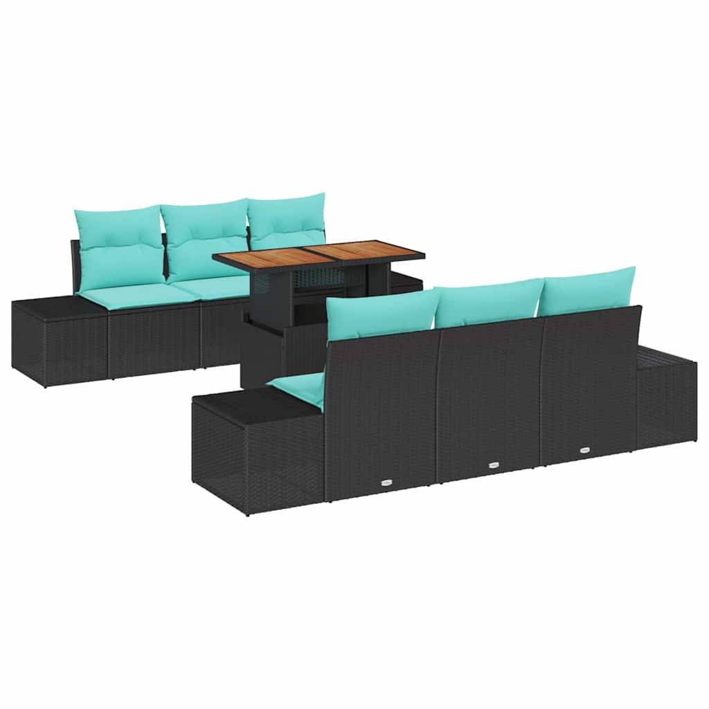 Gartenmöbel-Gesprächsset mit schwarzem Polyrattan-Ecksofa, türkisfarbenen Kissen und einem Tisch mit Holzplatte.