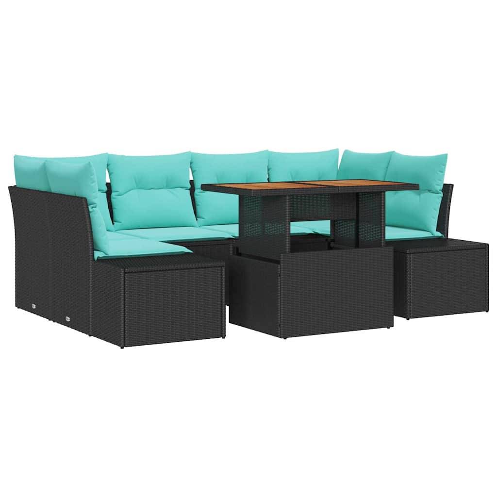 Schwarzes Korbgeflecht-Außensofa mit Eckkonfiguration, türkisfarbenen Kissen und einem Tisch/Hocker mit Holzplatte in einem Gartenmöbel-Set.