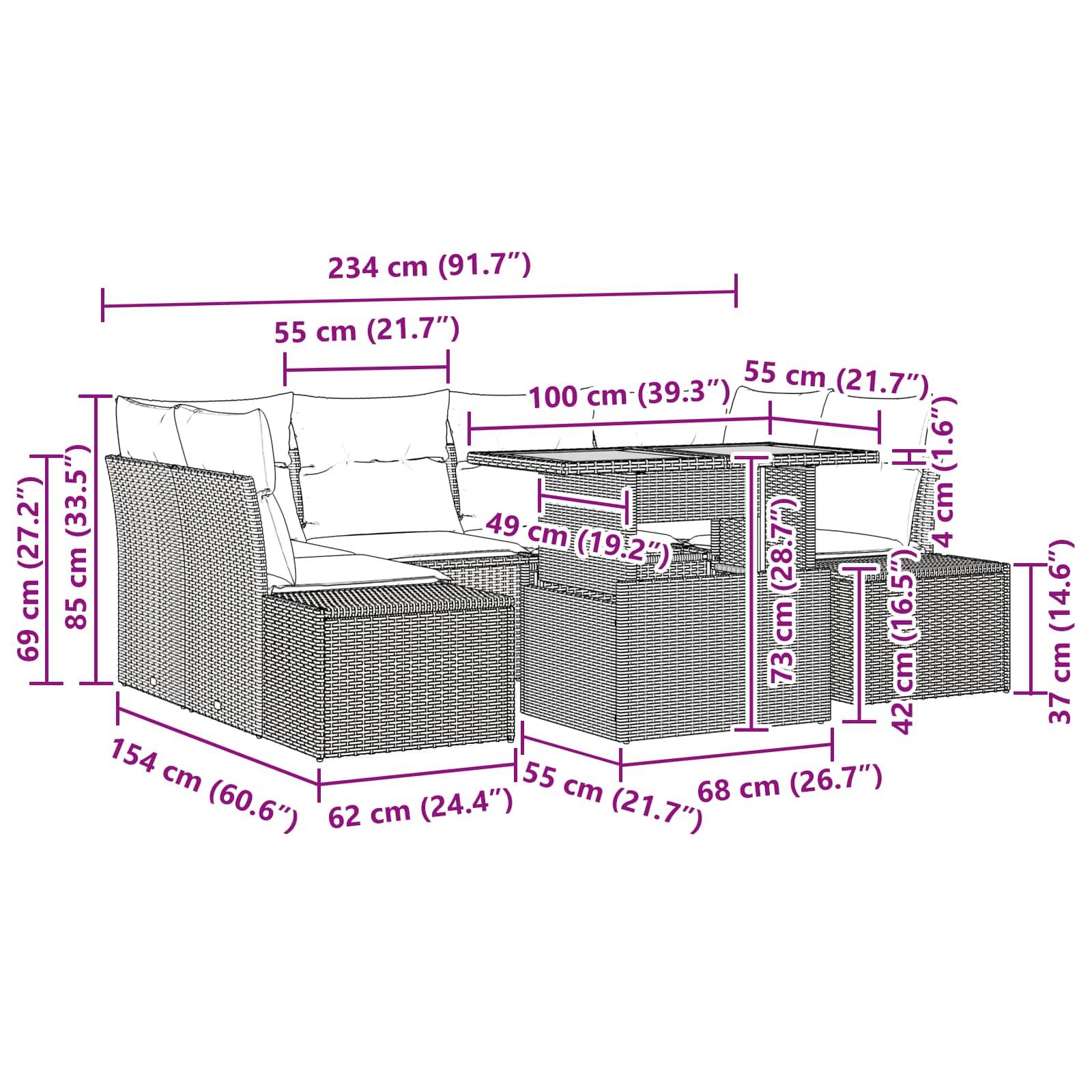 Dimensioniertes Diagramm einer modularen Außenbereich-Sitzgarnitur mit Sofa, Beistelltisch und Ottomane; Schlüsselmessungen in cm und Zoll sind gekennzeichnet.