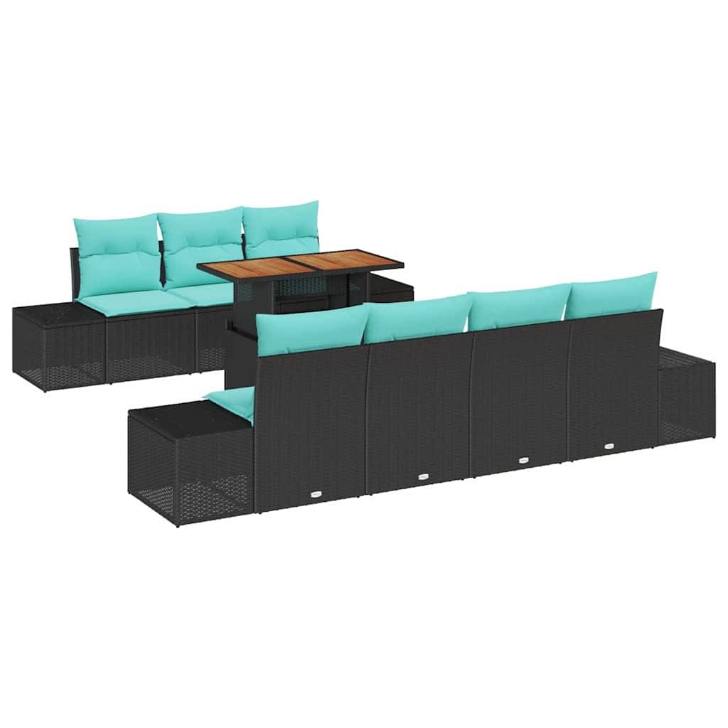Schwarze modulare Outdoor-Terrassensofagarnitur mit türkisfarbenen Kissen und Couchtisch mit Holzplatte, von zwei Winkeln auf weißem Hintergrund dargestellt.