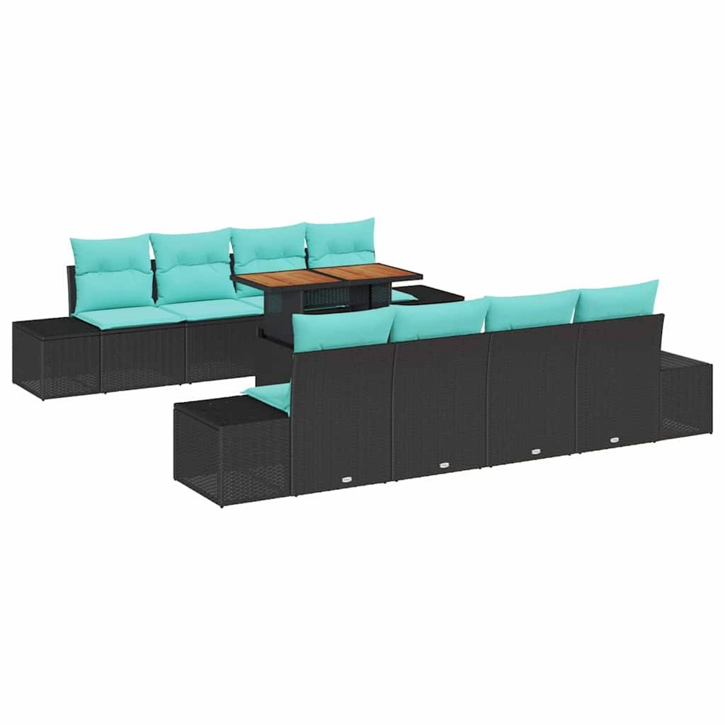 Modulares Outdoor-Patio-Sitzmöbel-Set mit schwarzen Flechtrahmen, türkisfarbenen Kissen und einem zentralen Holztisch