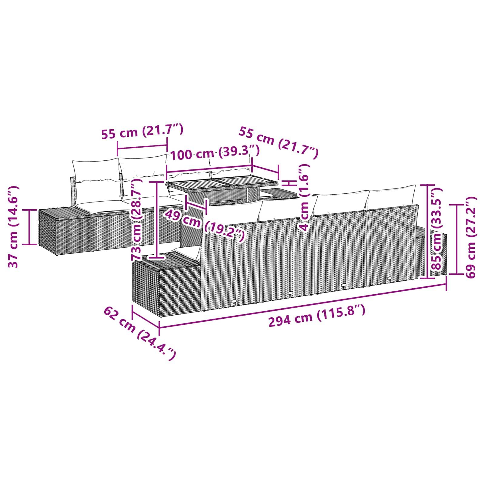 Kommentiertes Patio-Ecksofa-Set mit aufklappbarem Tisch, mit Abmessungen: 294 cm lang, 85 cm hoch, 62 cm tief; Tisch 100 cm × 55 cm.