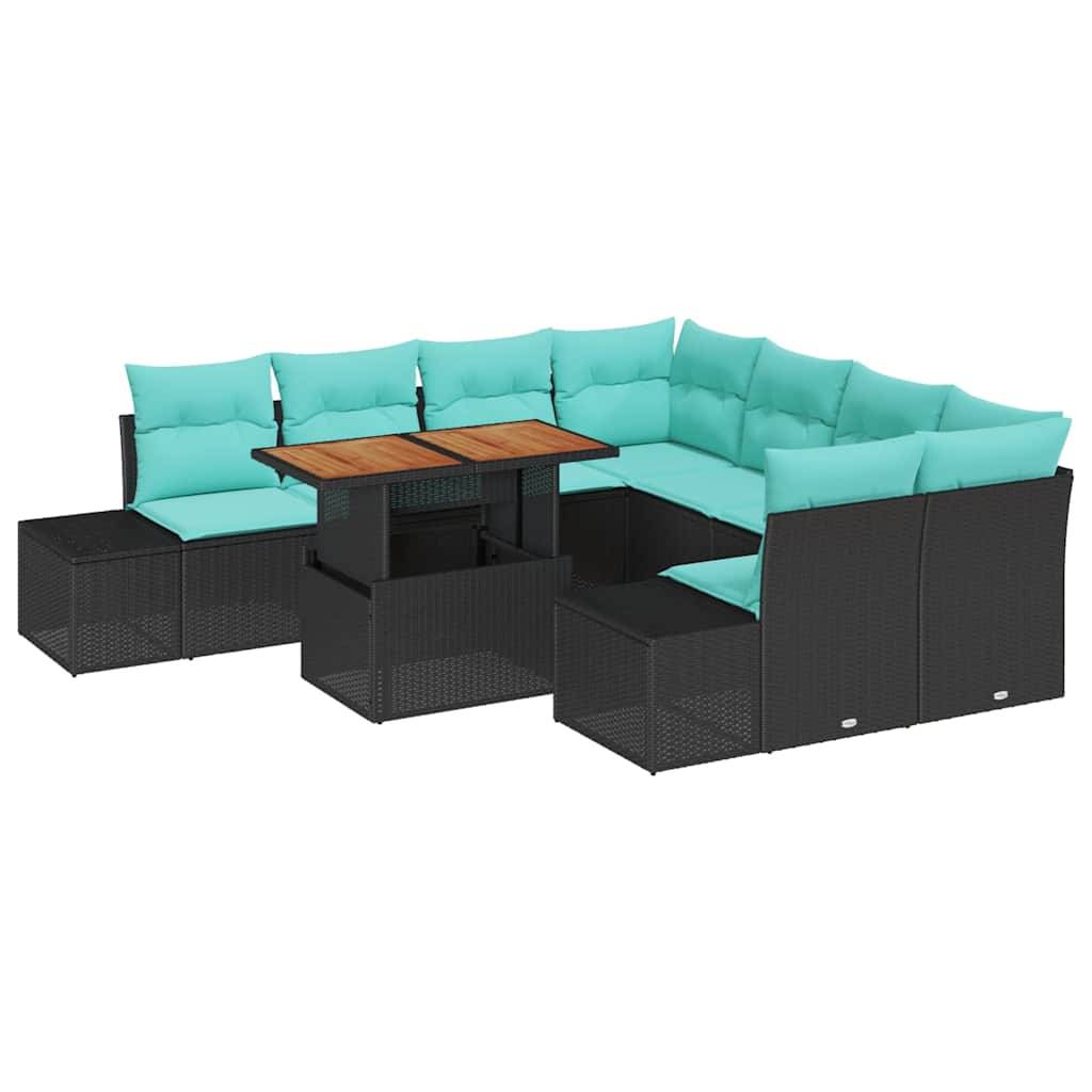 Schwarze Rattan-Außensektionalgarnitur für die Terrasse mit türkisfarbenen Kissen und einem Couchtisch mit Holzplatte auf weißem Hintergrund.