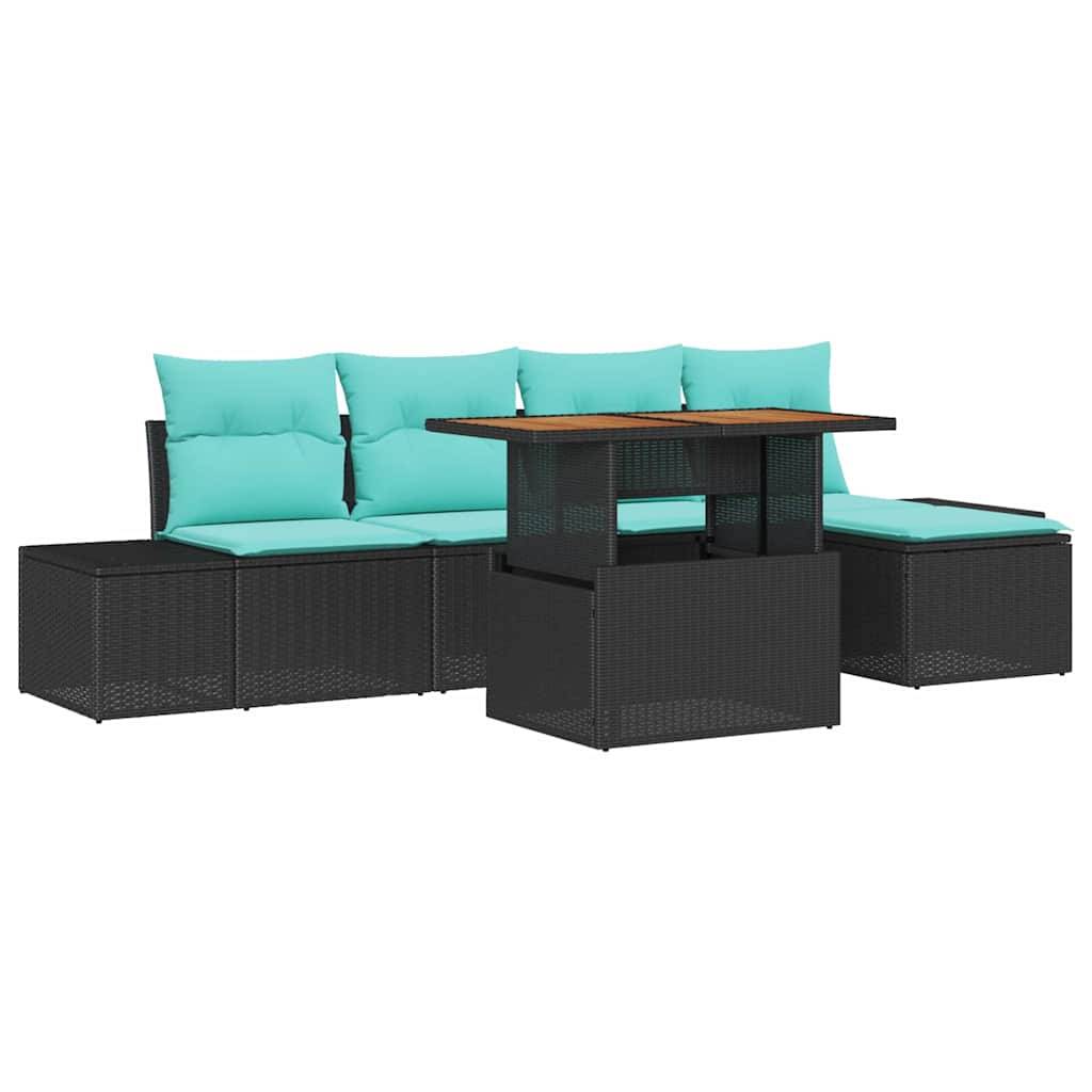 Schwarzes Korbgeflecht-Patio-Sektionstsofa mit türkisen Kissen und eingebautem quadratischen Tisch, gezeigt auf weißem Hintergrund.