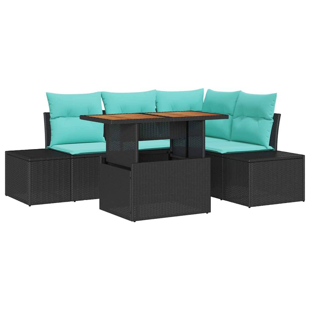 Gartenterrassenspeiseset mit schwarzem Rattan-Ecksofa, türkisfarbenen Kissen und quadratischem Tisch mit Holzplatte.