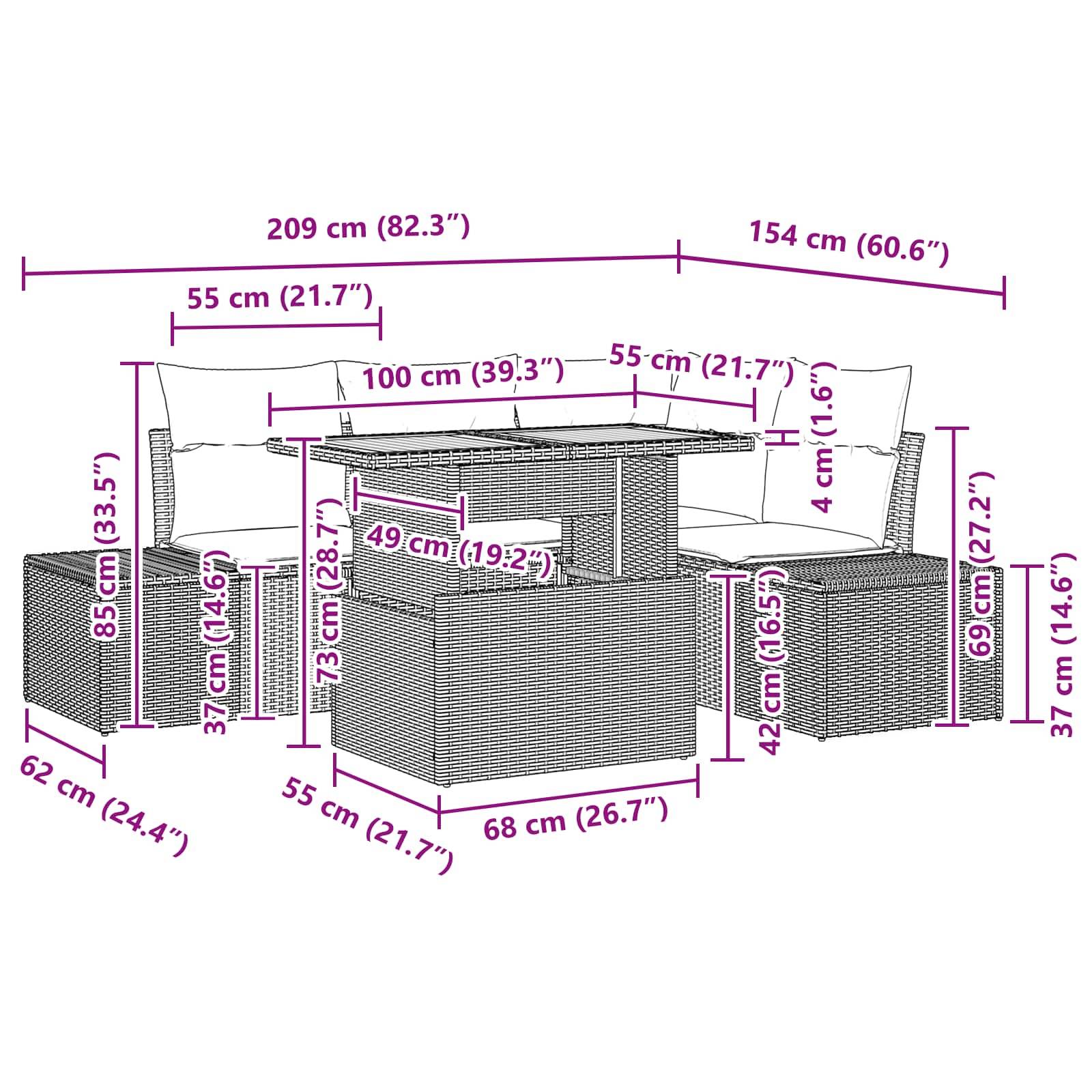 Maßstabgetreue Zeichnung eines modularen Rattan-Außensofas mit Tisch und Kissen, die Gesamt- und Komponentenmaße in Zentimetern und Zoll anzeigt.