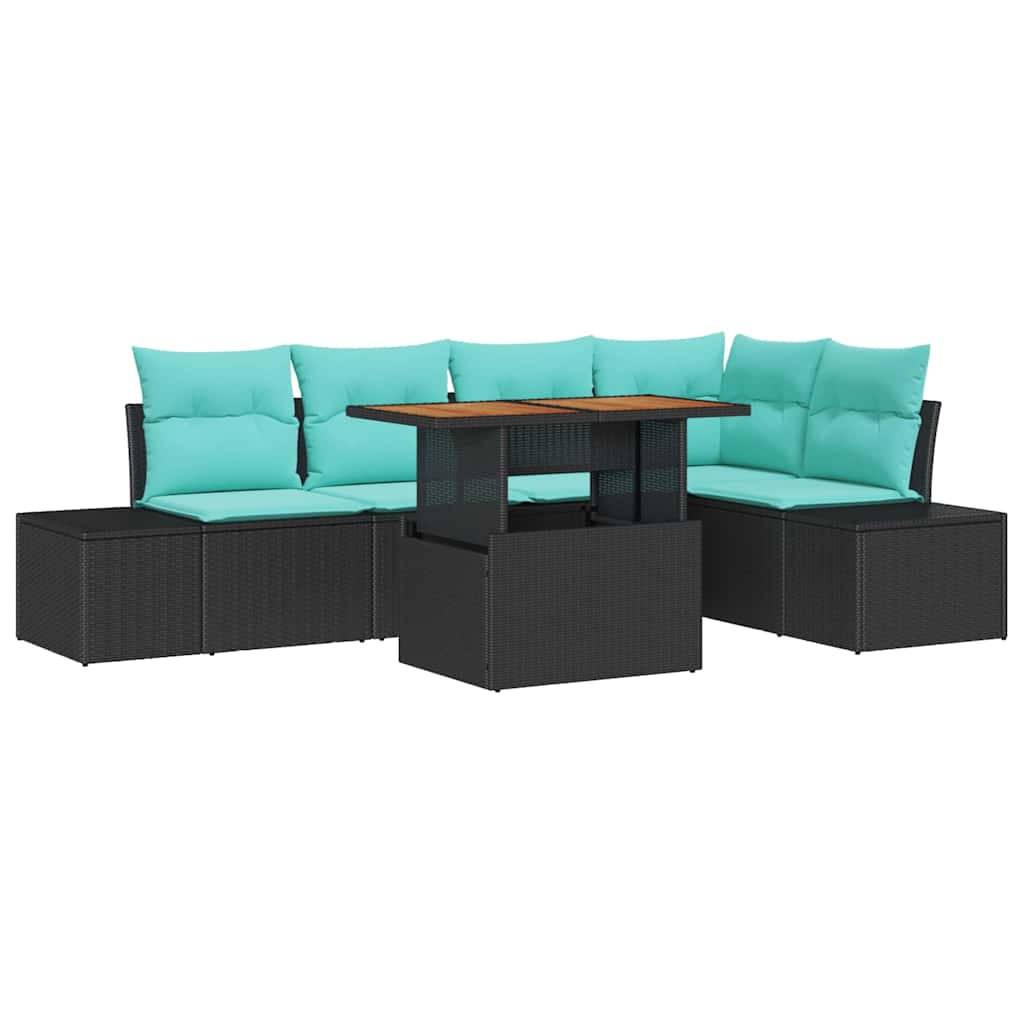Outdoor-Terrassensektionalsofa mit türkisen Kissen und einem zentralen Tisch mit Holzplatte auf schwarzen Rattanbasen.