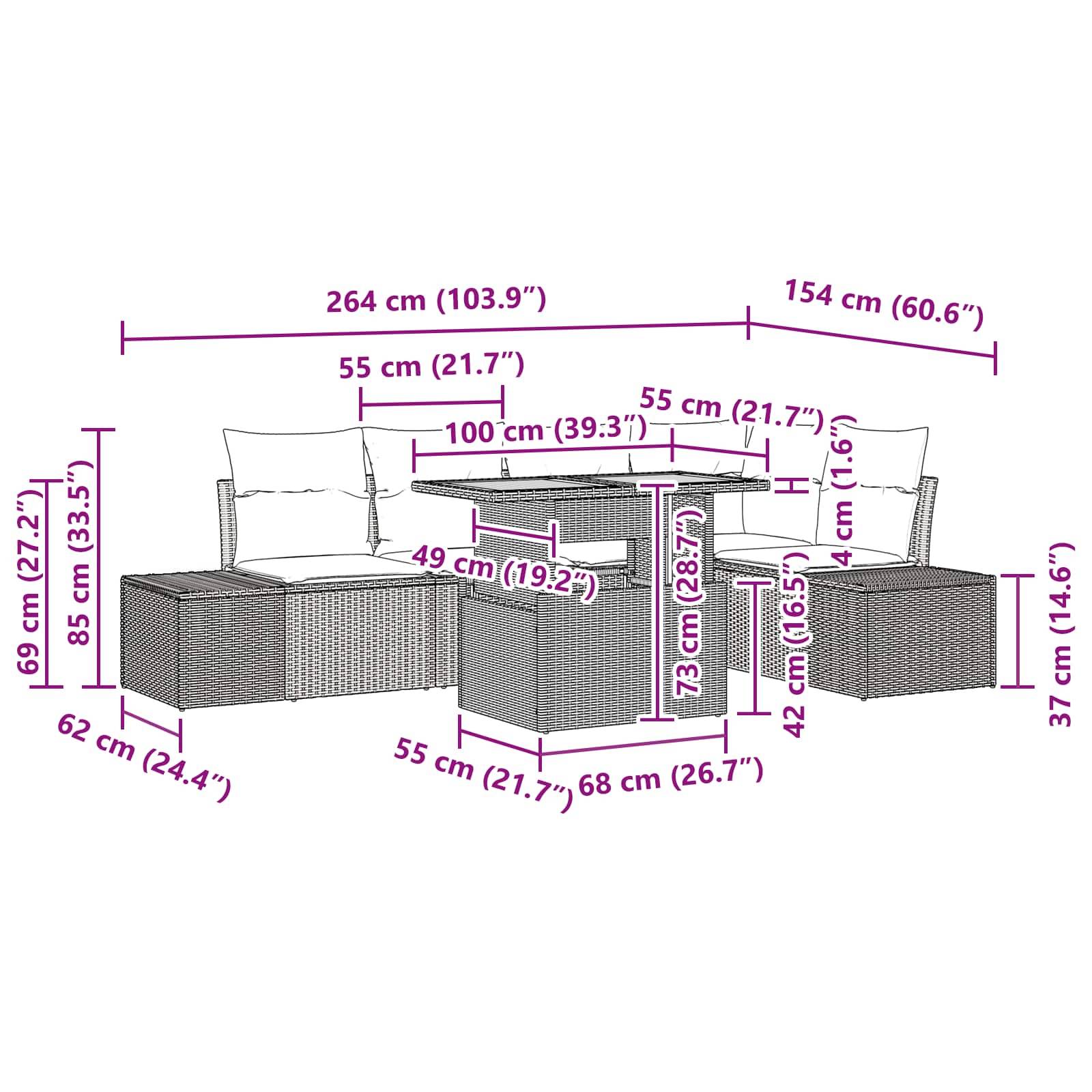 Messwertdiagramm eines L-förmigen Korbgeflecht-Modulsofa mit Tisch, das Gesamtabmessungen und einzelne Sitzhöhen, Armlehnen- und Tischhöhen in cm und Zoll zeigt.