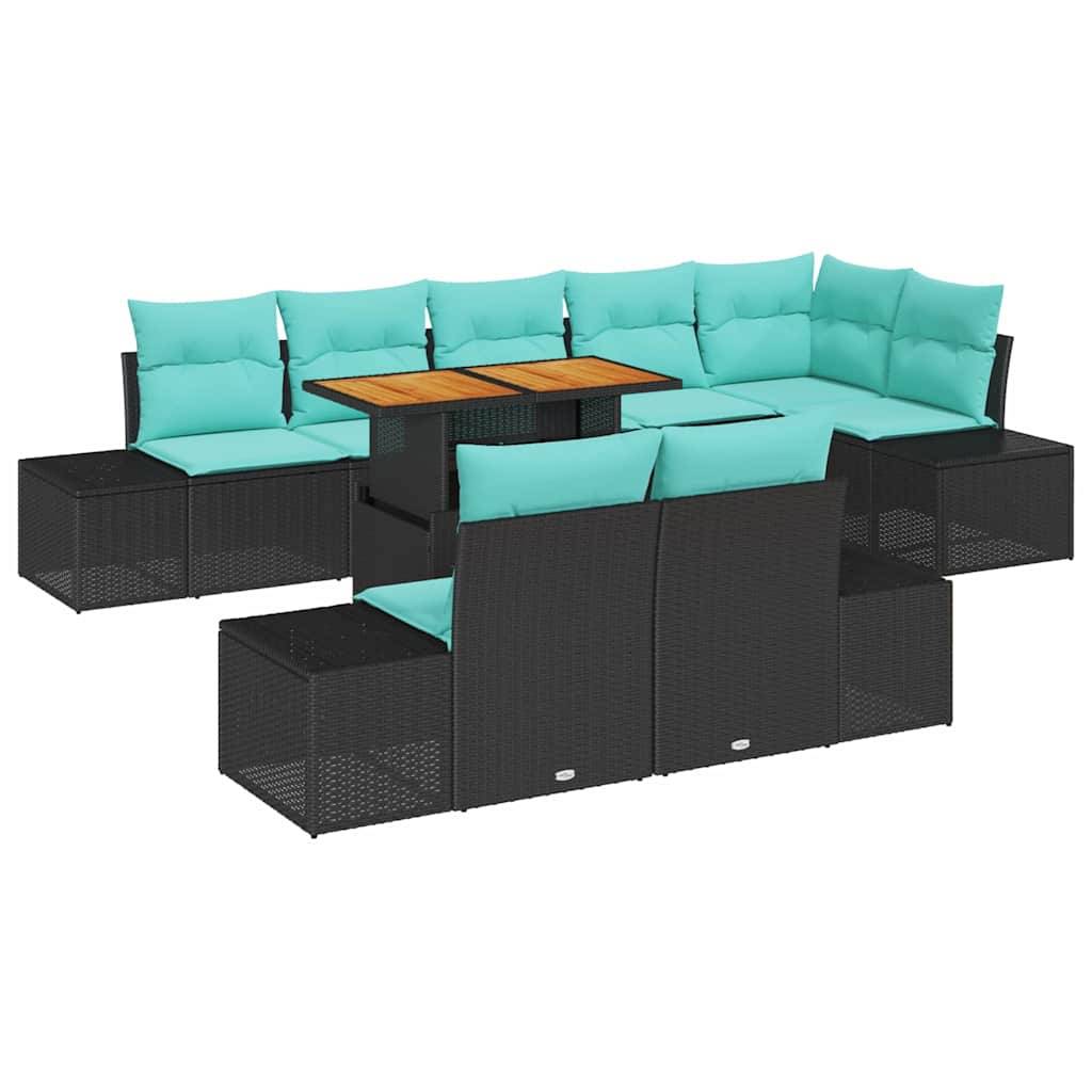 Schwarzes Polyrattan-Gartensofaset mit türkisen Kissen und Holztischplatte auf weißem Hintergrund.