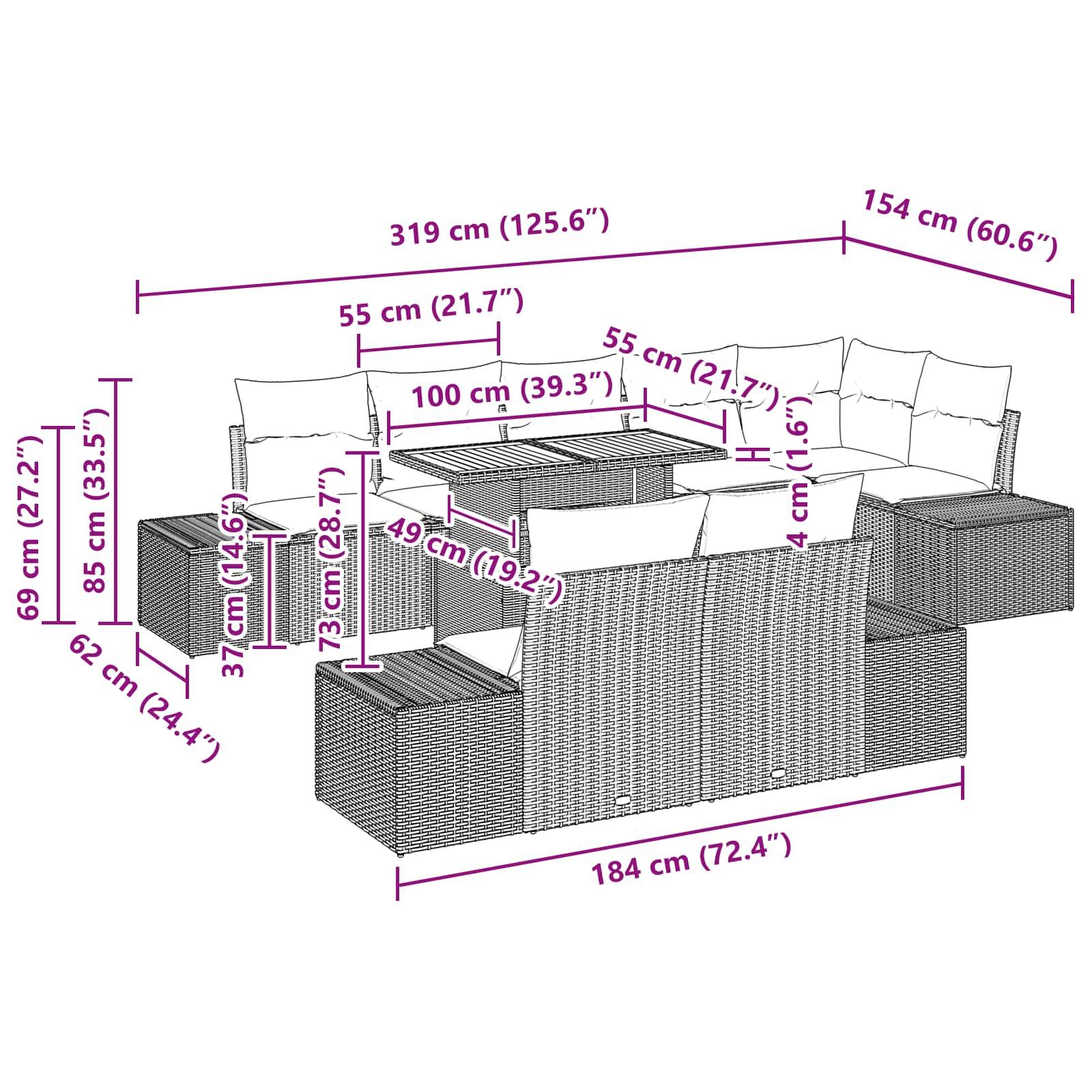 Kommentiertes Polyrattan-Patio-Ecksofa-Set mit Tisch, das Gesamtabmessungen und Sitzmessungen in Zentimetern und Zoll zeigt.