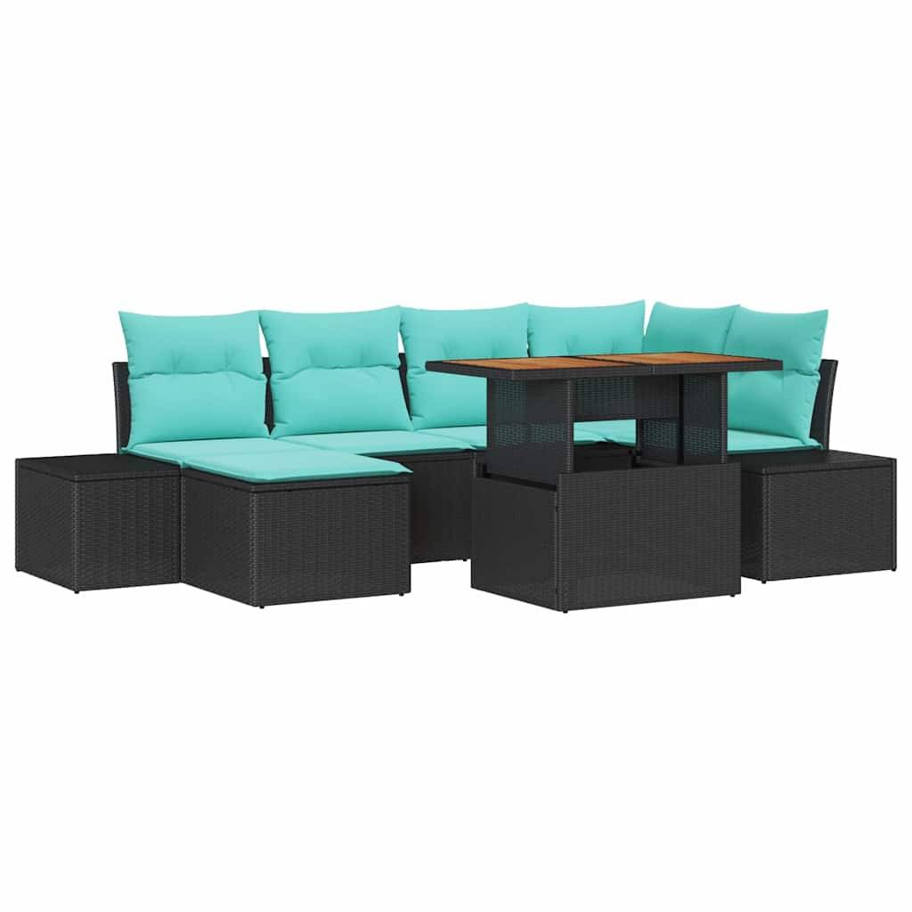 Schwarzes Gartensektional-Sofa aus Rattan mit türkisfarbenen Kissen und einem Tisch mit Holzplatte auf weißem Hintergrund.