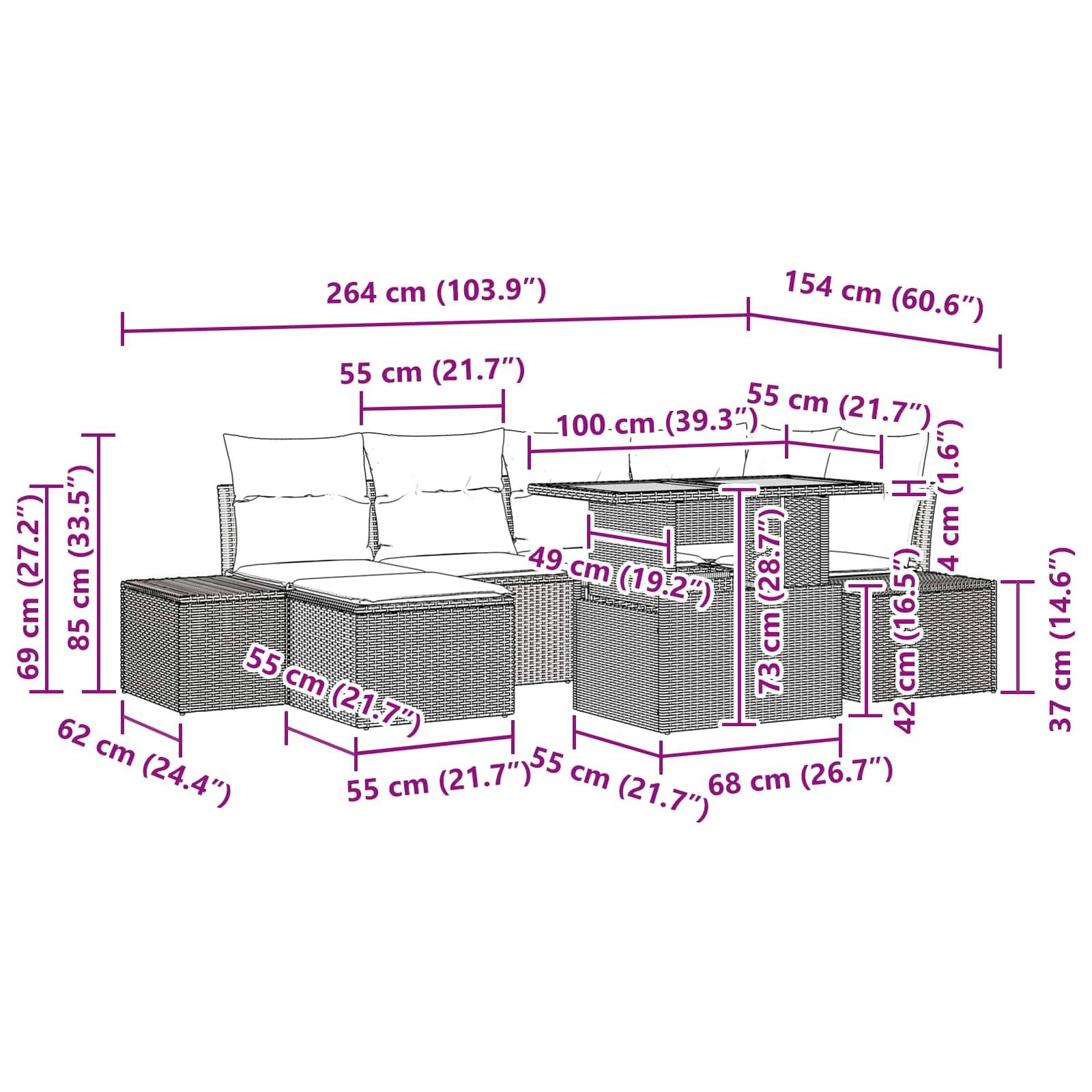 Diagramm eines Outdoor-Polstermöbels mit Beistelltisch, das die Gesamtabmessungen in Zentimetern und Zoll zeigt, einschließlich Sitz-, Armlehnen-, Tisch- und Höhenmessungen.