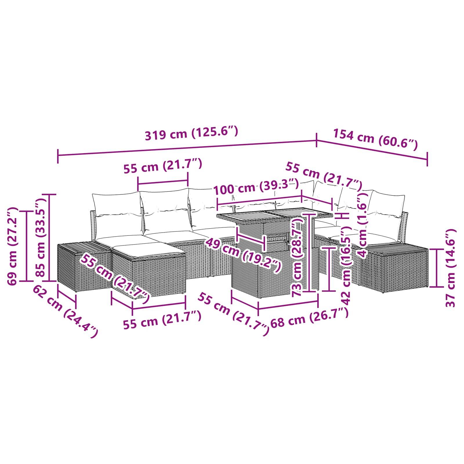 Diagramm eines modularen Outdoor-Sitzmöbelsystems mit Tisch, das Gesamtabmessungen von 319 cm Breite und 154 cm Tiefe zeigt, zusätzlich zu Sitz- und Tischabmessungen.