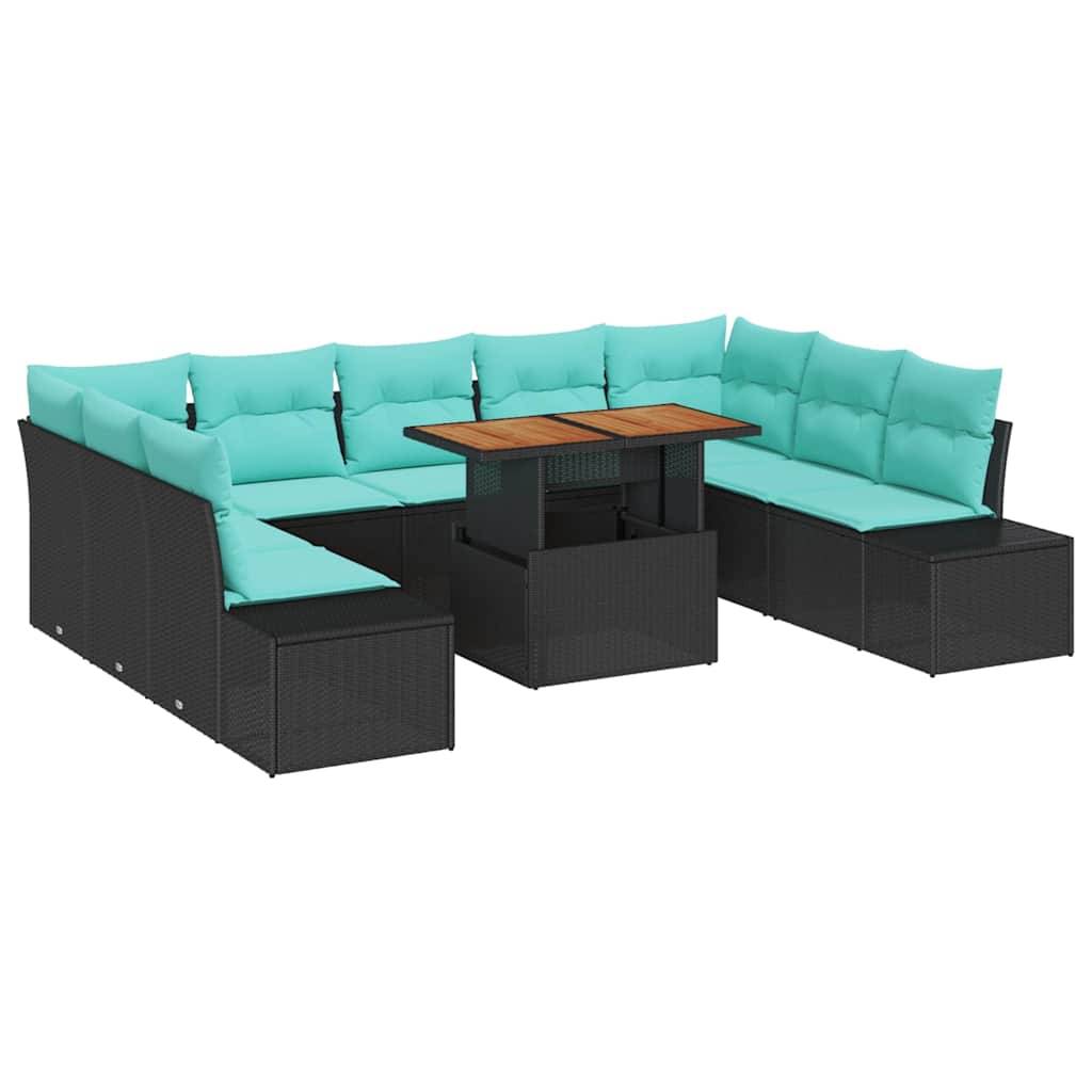 Modernes Außen-Ecksofa-Set mit türkisfarbenen Kissen und schwarzen Rattanrahmen um einen rechteckigen Couchtisch mit Holzplatte.