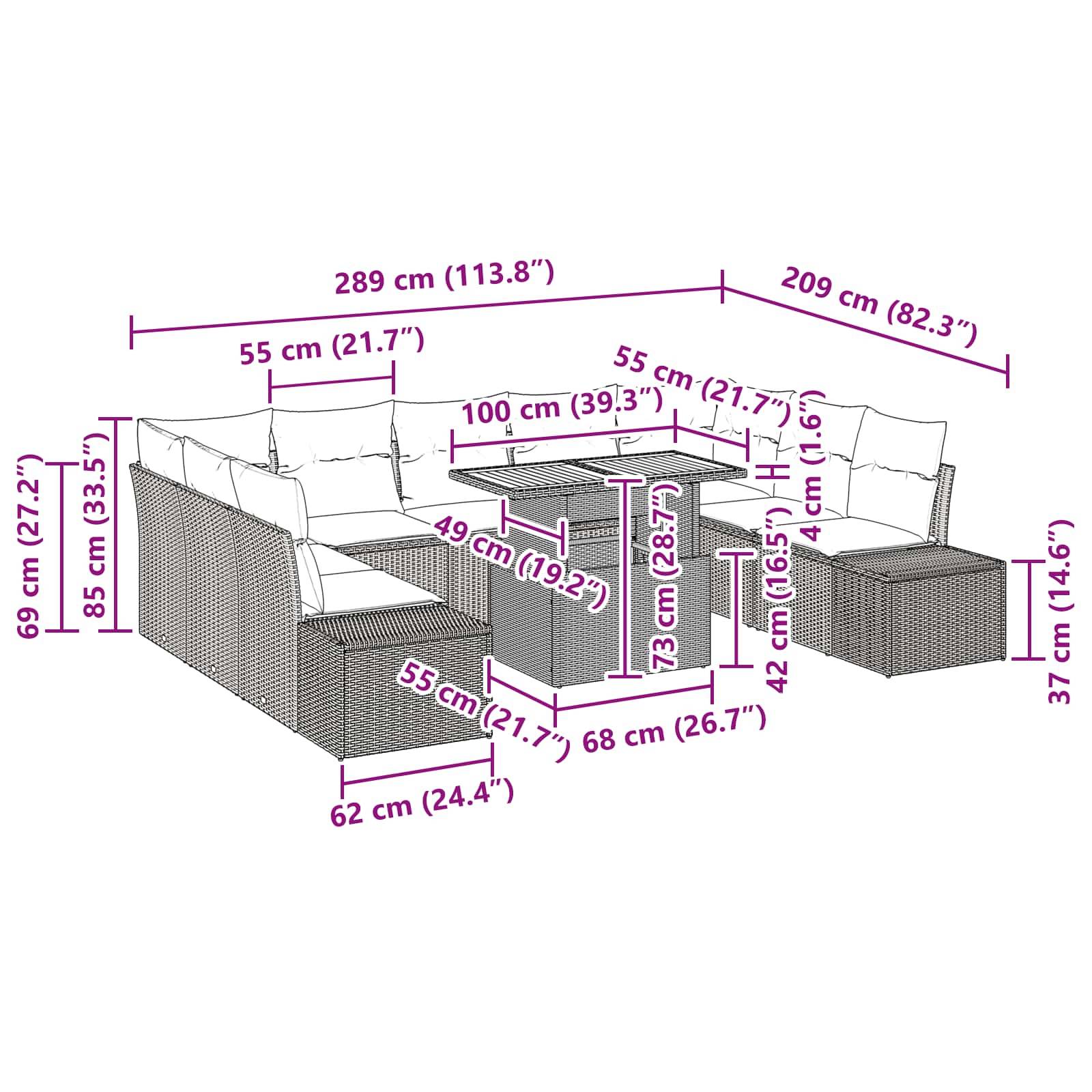 Diagramm eines Outdoor-Rattan-Ecksofa-Sets mit Couchtisch, das die Möbelstücke und gekennzeichnete Abmessungen in cm und Zoll zeigt.