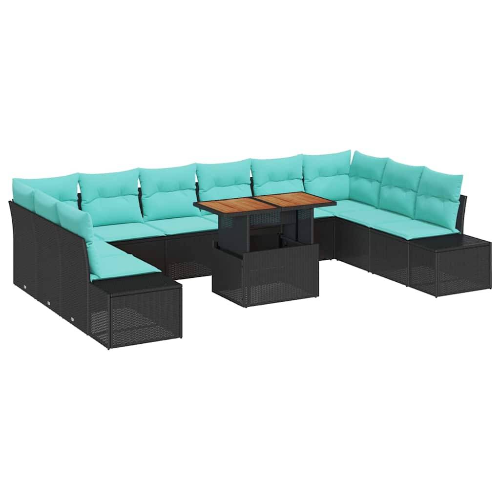 Schwarzes Korbgeflecht modulares Außen-Ecksofa mit türkisen Kissen und einem quadratischen Tisch mit Holzplatte