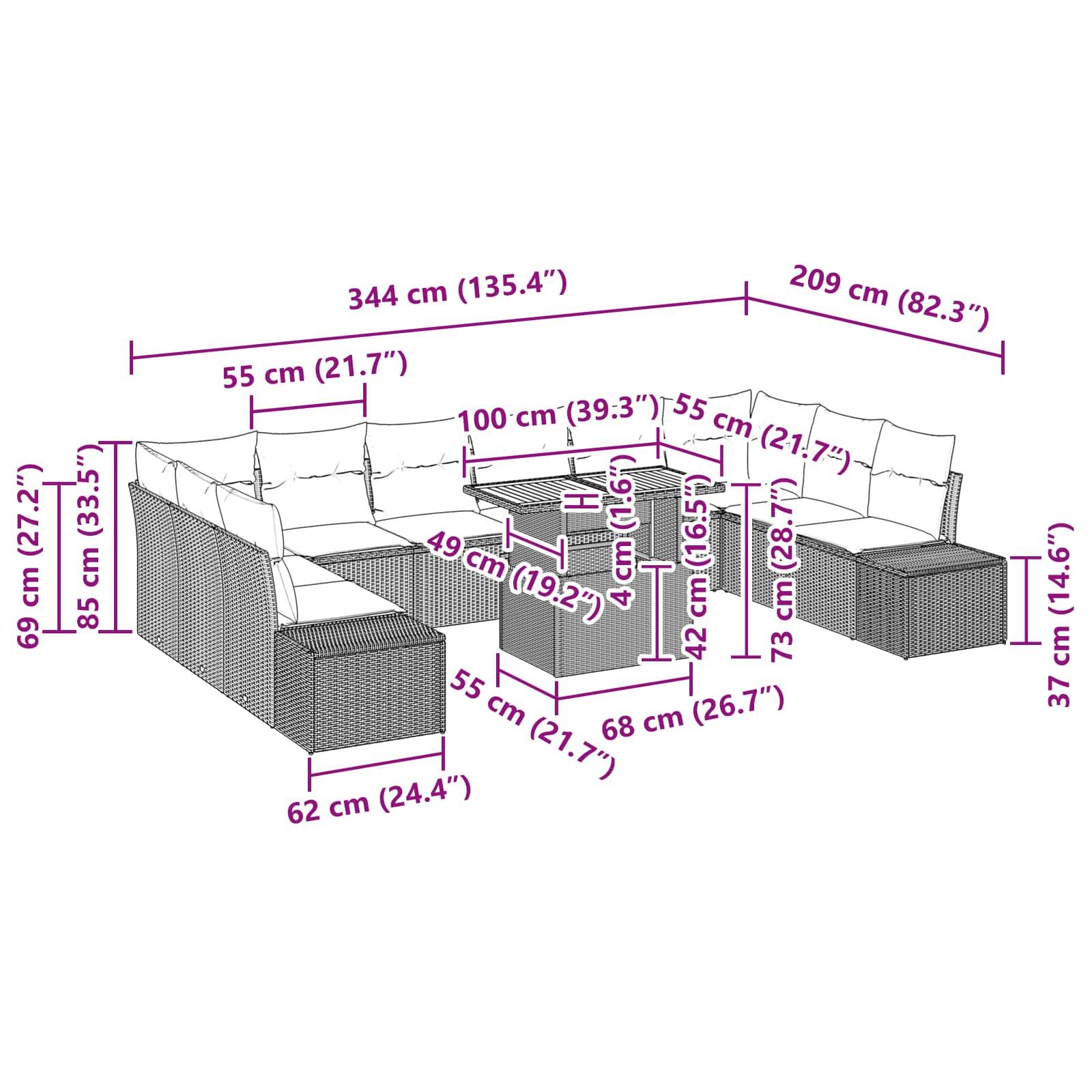 Diagramm eines Schnitt-Gartensofasets mit Kissen, das modulare Teile und beschriftete Abmessungen in Zentimetern und Zoll zeigt.