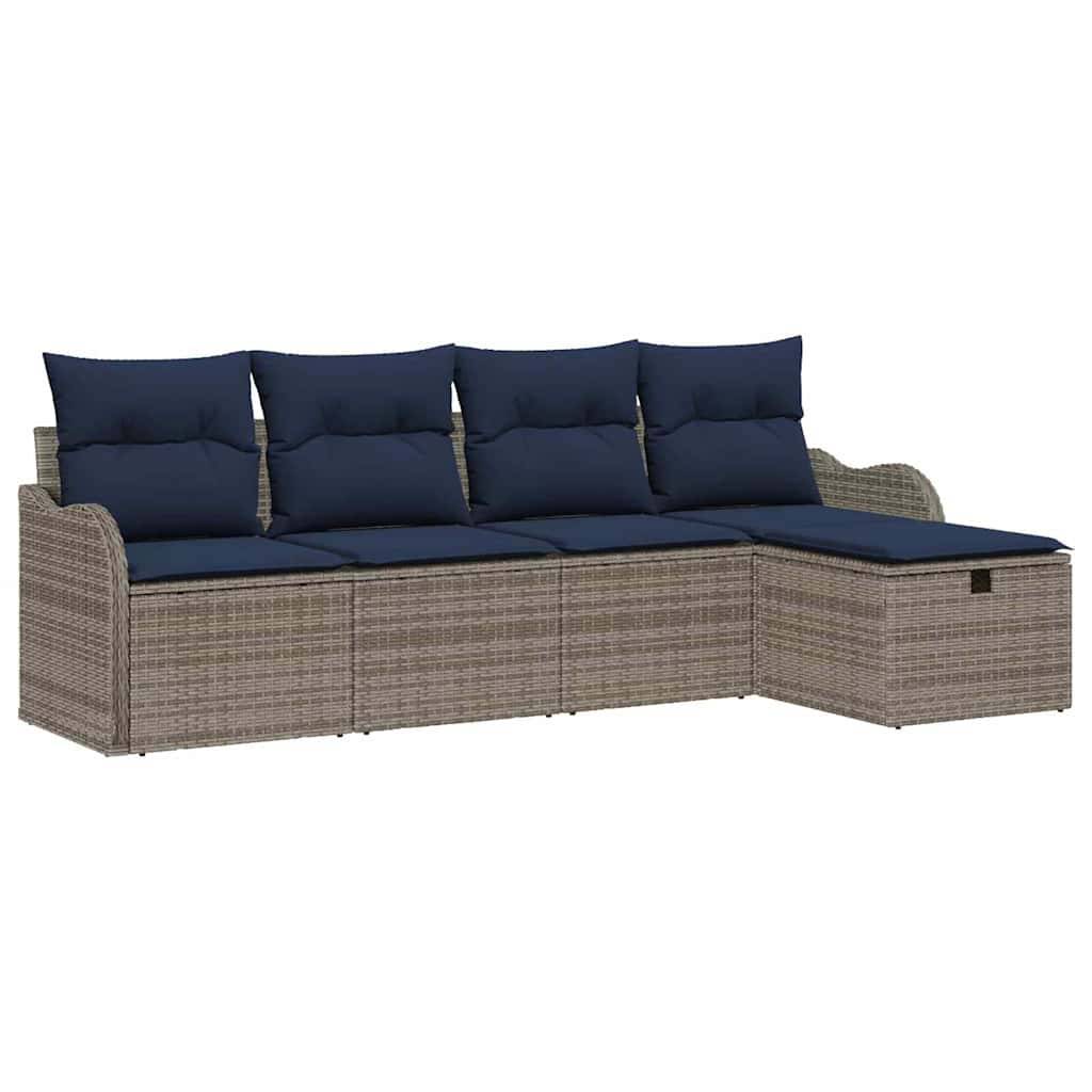 Modulares Outdoor-Rattansofa mit dunkelblauen Kissen und Chaiselongue auf der rechten Seite