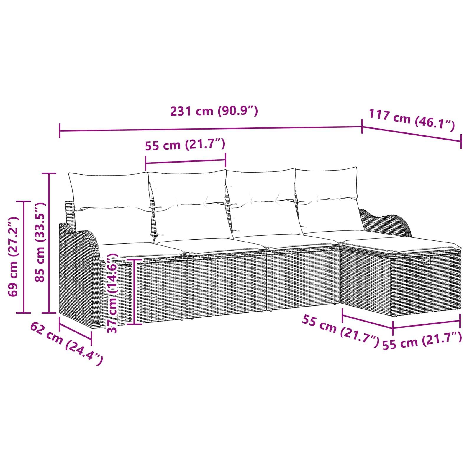 Maßstabsgetreue Zeichnung eines Korbgeflecht-Modulsofas mit Kissen, zeigt Gesamtgröße 231 cm breit x 117 cm tief und 85 cm hoch, plus Sitz- und Armlehnenmaße.