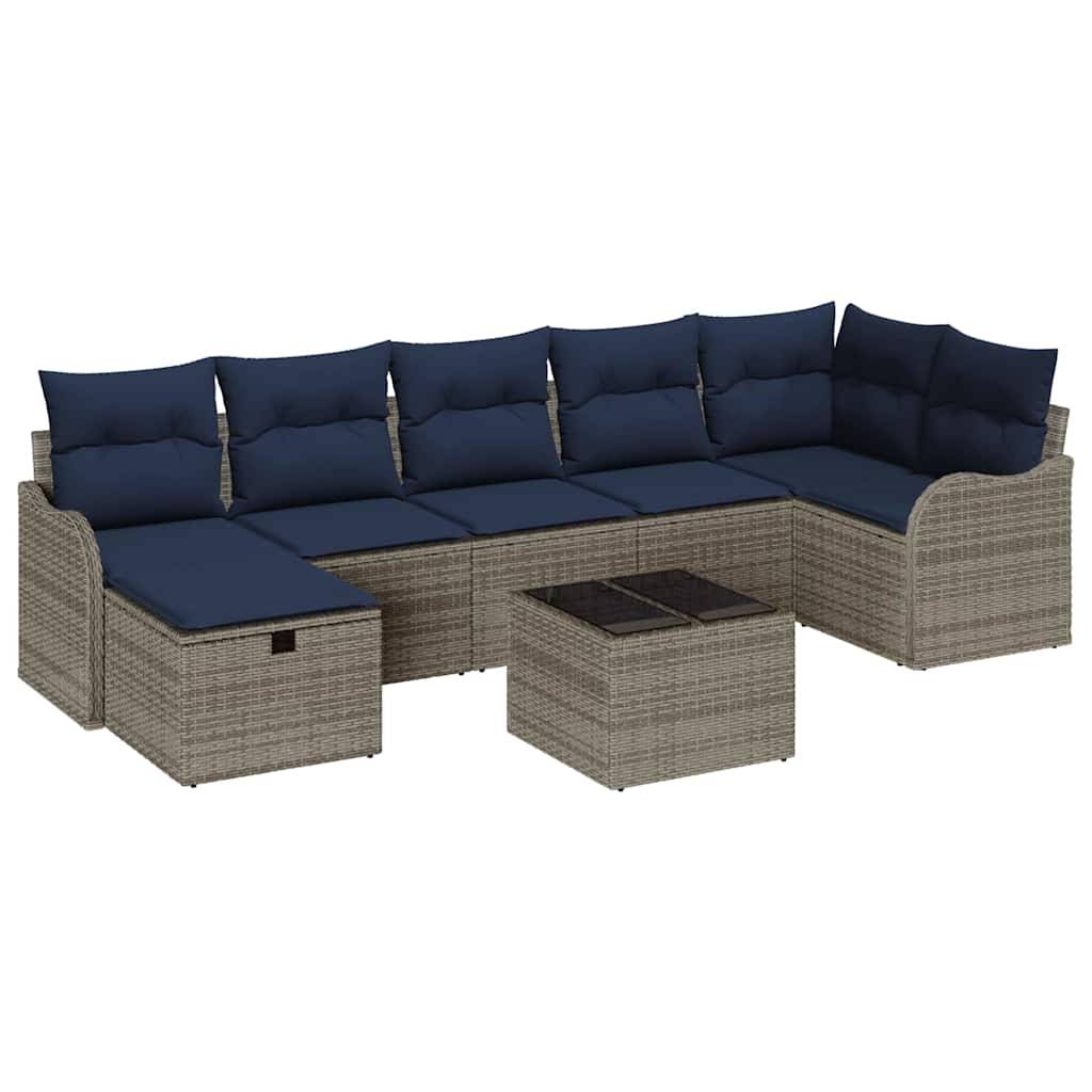 Schallgeformtes Garten-Rattansofa mit Marine-Kissen und passendem quadratischem Couchtisch auf weißem Hintergrund.