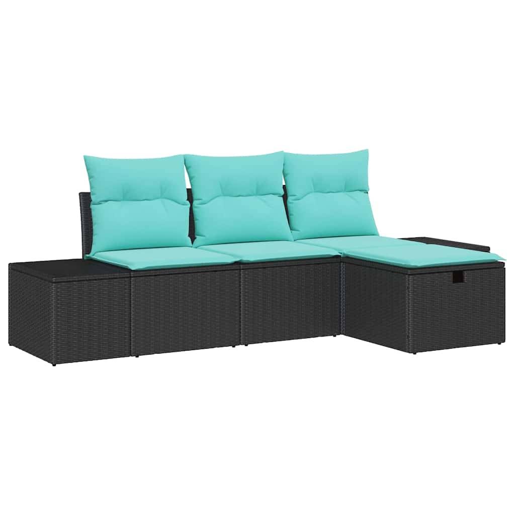Schwarzes Rattan-Außenecksofa mit türkisfarbenen Kissen und Chaiselongue auf der rechten Seite.