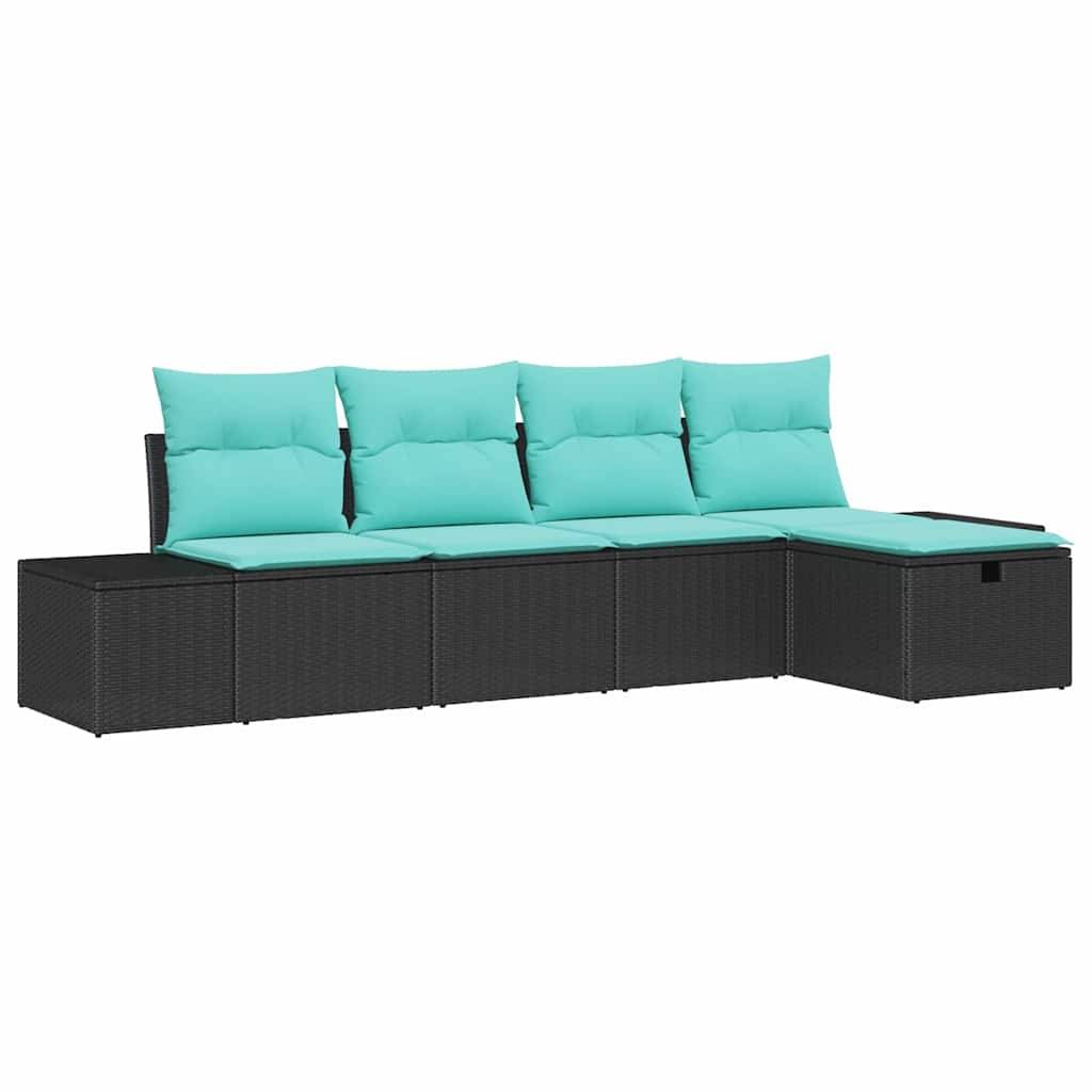 Schwarzes Rattan-Außenecksofa mit türkisen Kissen und Chaiselongue, gezeigt auf weißem Hintergrund.
