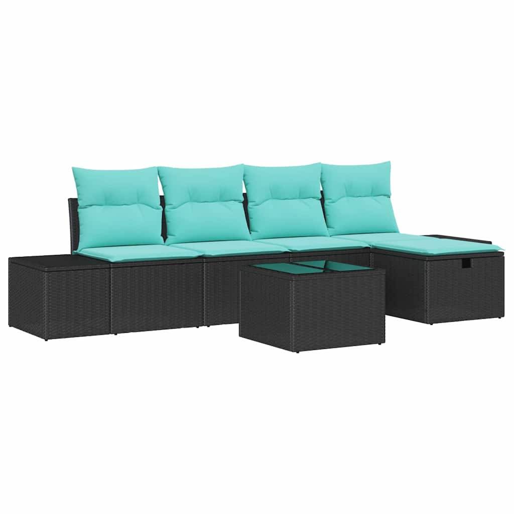 Schwarzes Korbgeflecht-Außensektionalsofa mit türkisen Kissen und passendem Ottomane auf weißem Hintergrund.