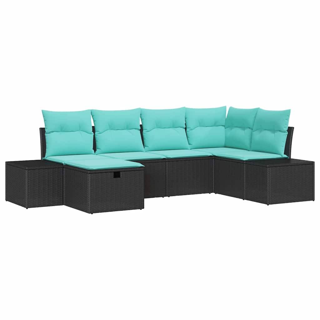 Schwarzes Korbgeflecht-Außensofagarnitur mit türkisfarbenen Kissen und Chaiselongue-Verlängerung