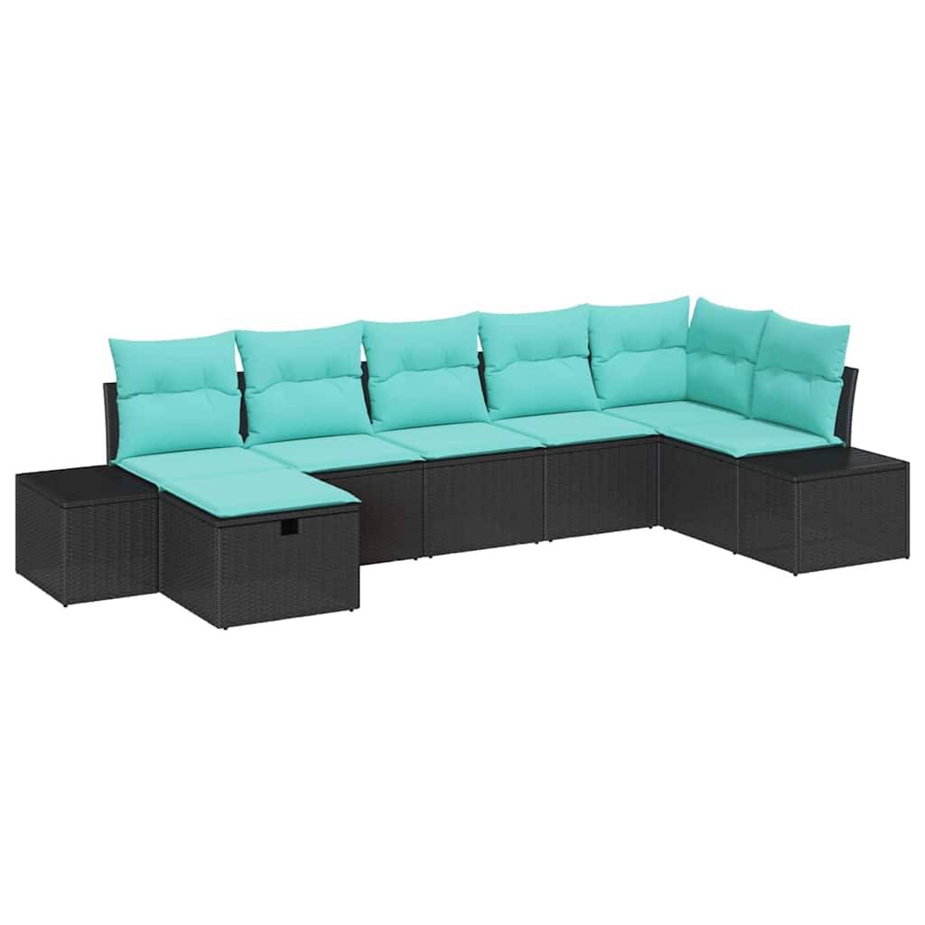 Schwarzes Rattan-Außensofa mit Eckgruppe, türkisfarbenen Kissen und passenden Ottomanen auf weißem Hintergrund.