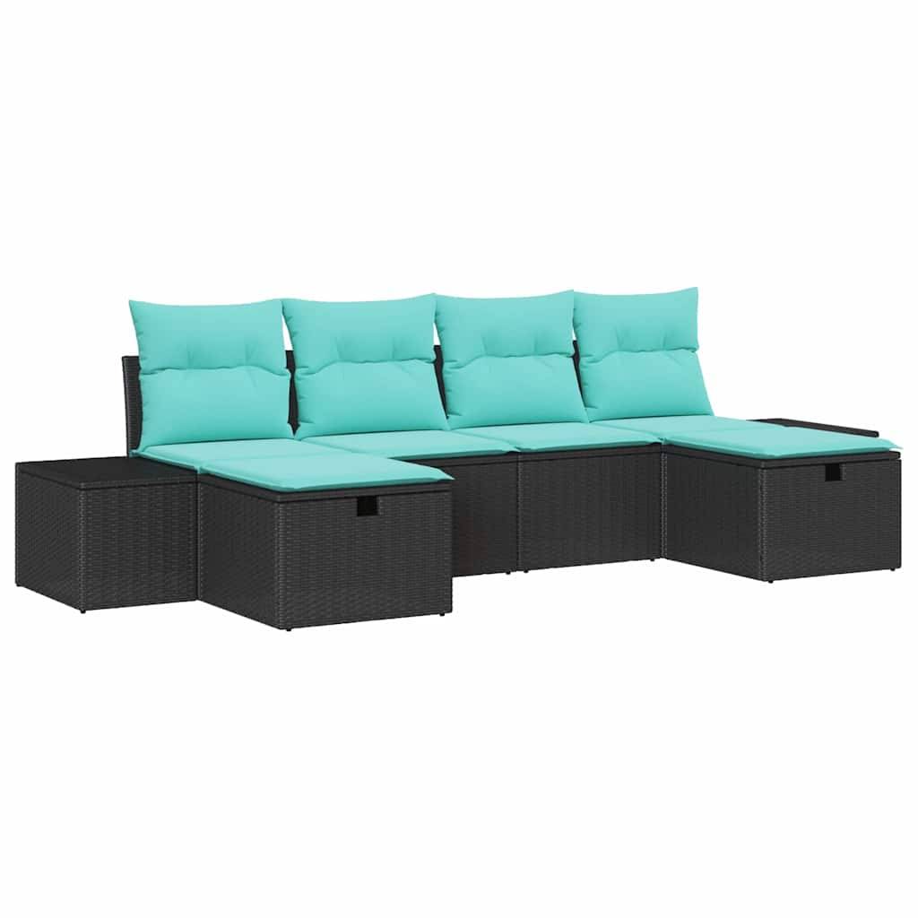 Schwarzes Korbgeflecht-Außensofa mit türkisfarbenen Kissen und Rückenkissen, dargestellt in einer L-förmigen modularen Anordnung.