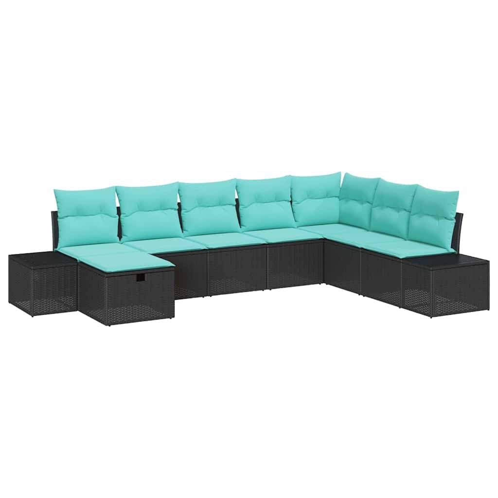 L-förmiges Außen-Ecksofa mit schwarzem Rattangestell, türkisfarbenen Kissen und Ecksitzplatz auf weißem Hintergrund.