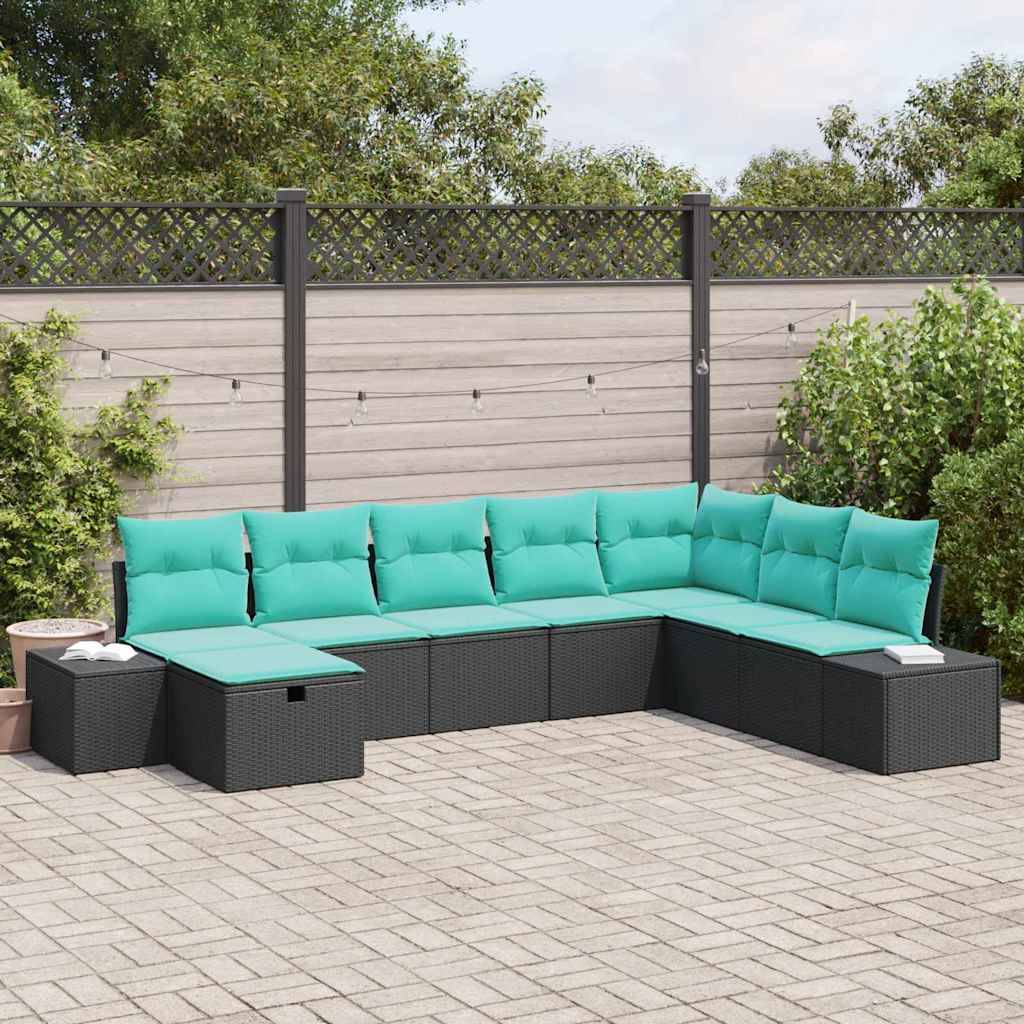 Außenterrasse mit einem türkisfarbenen Polster-L-förmigen Sitzmöbel und passendem Hocker/Beistelltisch auf einer gepflasterten Terrasse, an einem Sichtschutzzzaun und Grünflächen.