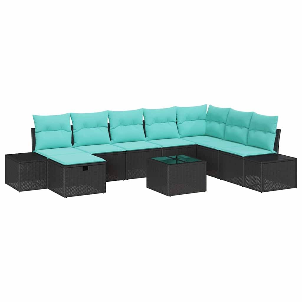 Schwarzes Flechtwerk-Außenlounge-Sofa mit türkisfarbenen Kissen und einem passenden quadratischen Couchtisch auf weißem Hintergrund.