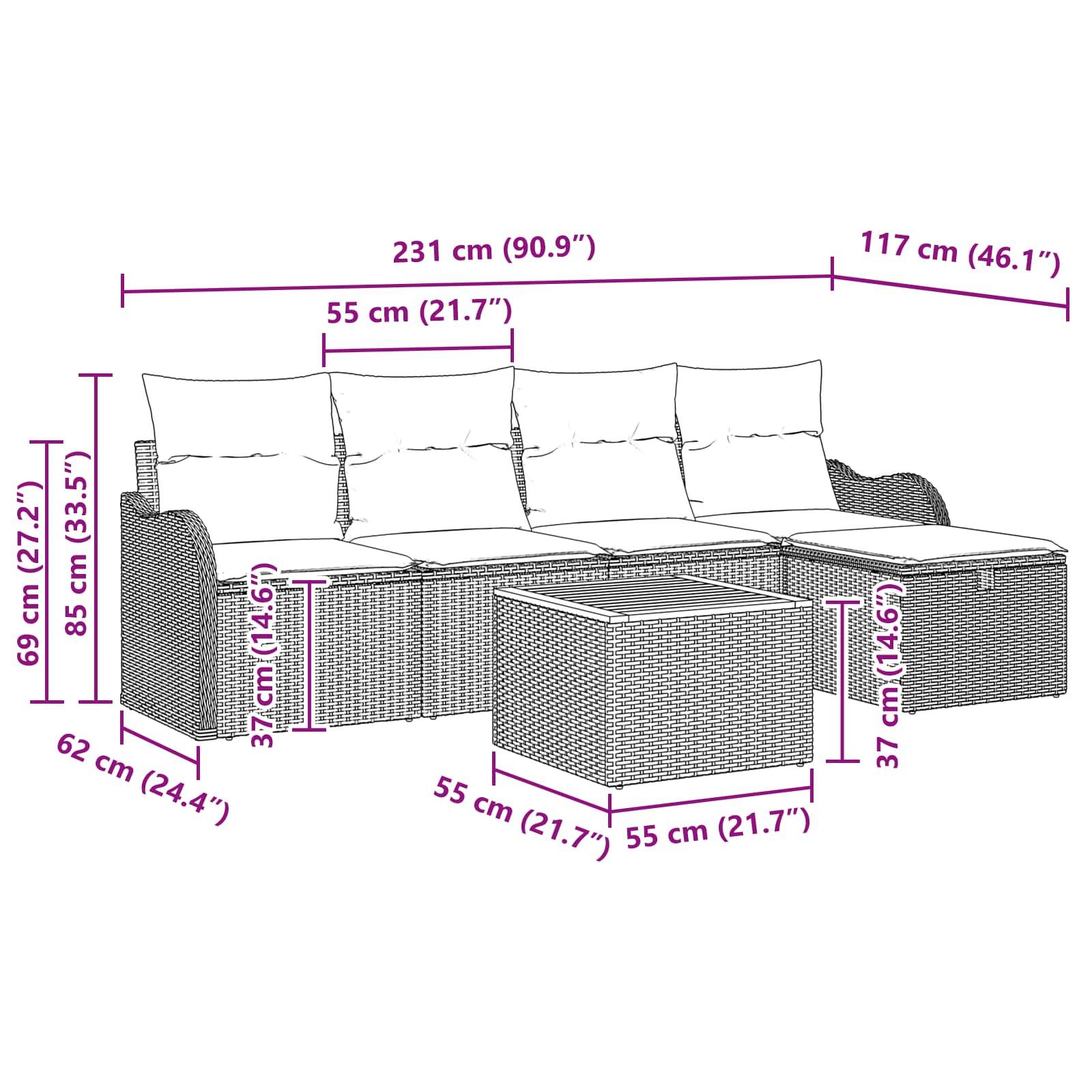Maßstabzeichnung eines Outdoor-Ecksofa mit Kissen und passendem Ottomane/Tisch, das die Gesamtgröße von 231 cm Breite, 117 cm Tiefe und Komponentenmessungen zeigt.