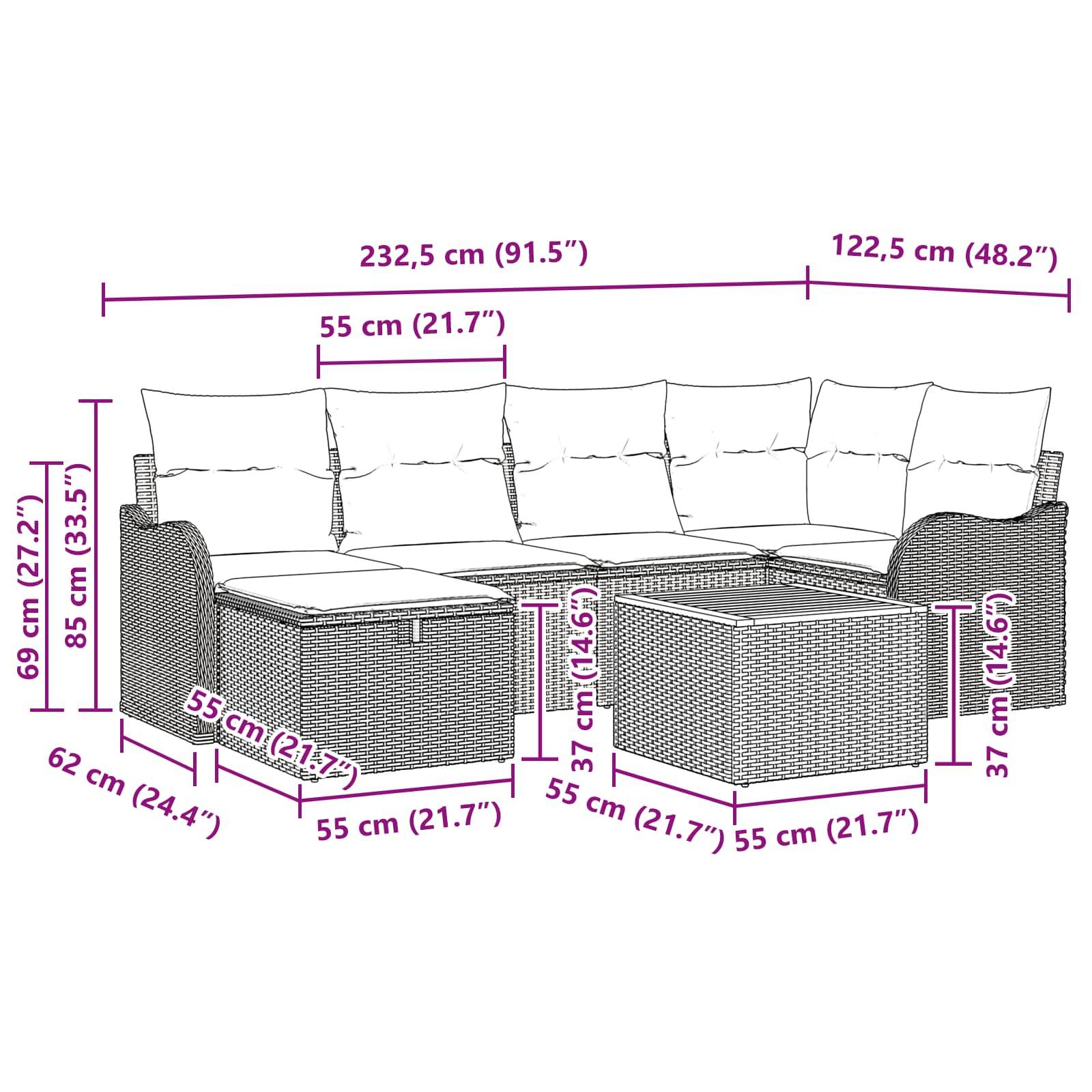 Bemaßtes Diagramm eines Outdoor-Sektionalsofas mit zwei Ottomanen, das die Gesamtbreite von 232,5 cm und wichtige Maße für Sitzfläche, Armlehnen und Ottomanen zeigt.
