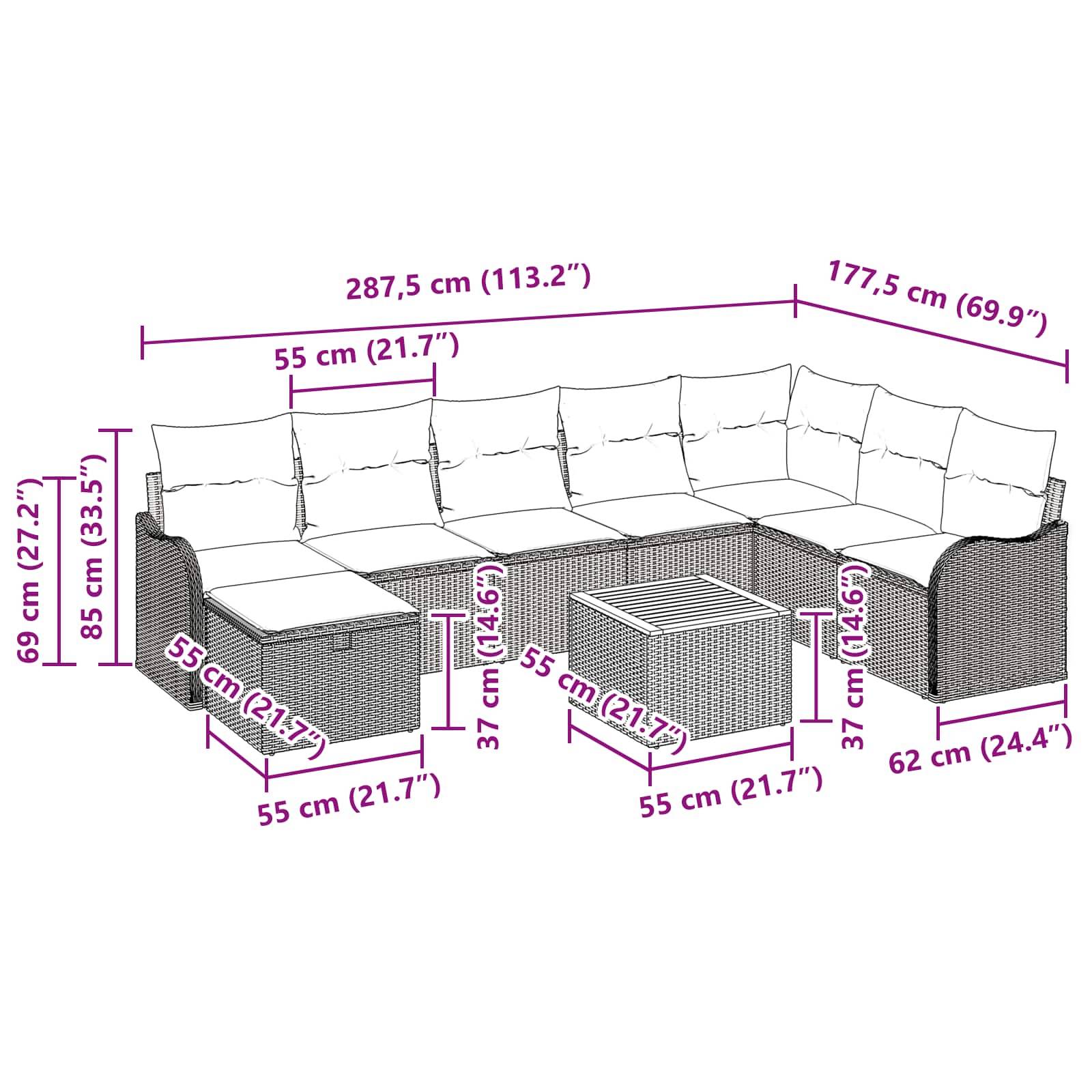 Maßstabgerechte Diagramm eines L-förmigen Outdoor-Modulsofa mit Ottomane und Couchtisch, das die Gesamtgröße von 287,5 cm mal 177,5 cm und Komponentenmessungen zeigt.