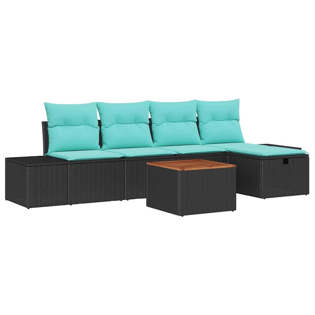 Schwarzes Polyrattan-Außensektional-Sofa mit türkisfarbenen Kissen und passendem quadratischem Couchtisch auf weißem Hintergrund.