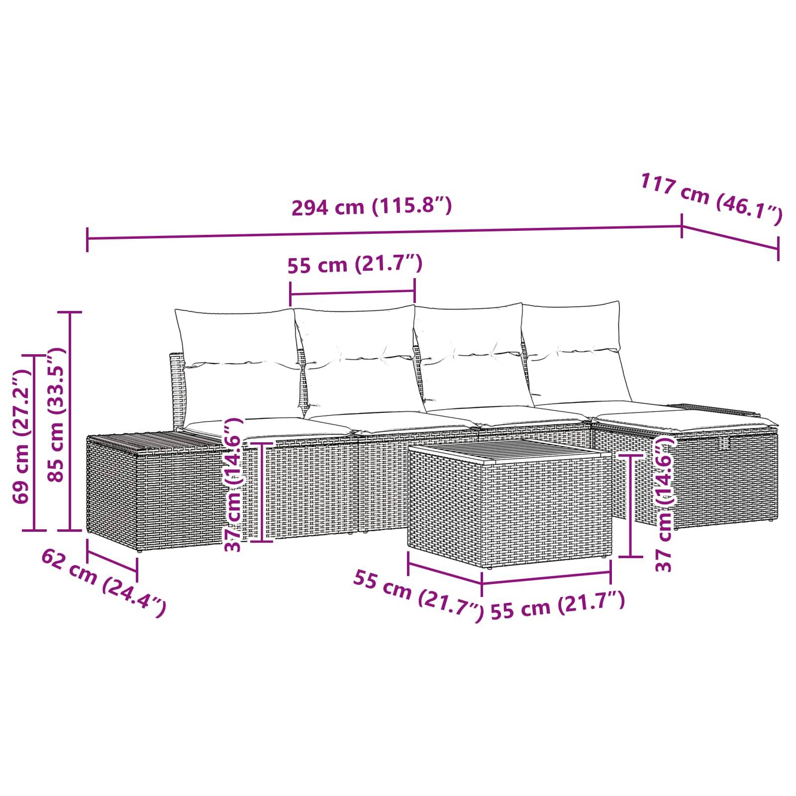 Diagramm eines Outdoor-Sitzmöbels mit Ottomane, mit folgenden Abmessungen: 294 cm Breite, 117 cm Tiefe, 69–85 cm Höhe und 55 cm Sitzelemente.