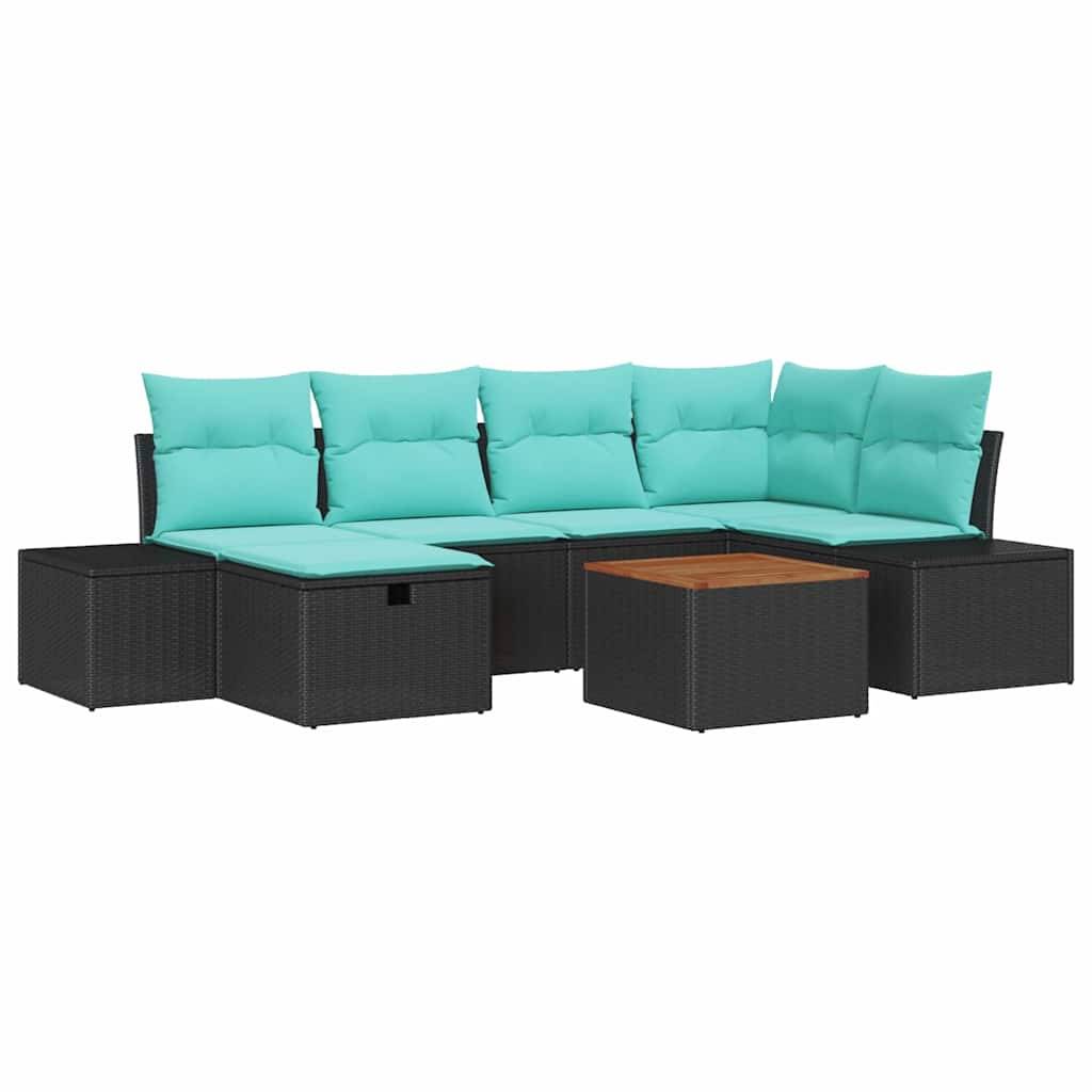 Schwarze Außen-Ecksofa-Set mit türkisfarbenen Kissen und passendem Couchtisch auf weißem Hintergrund.