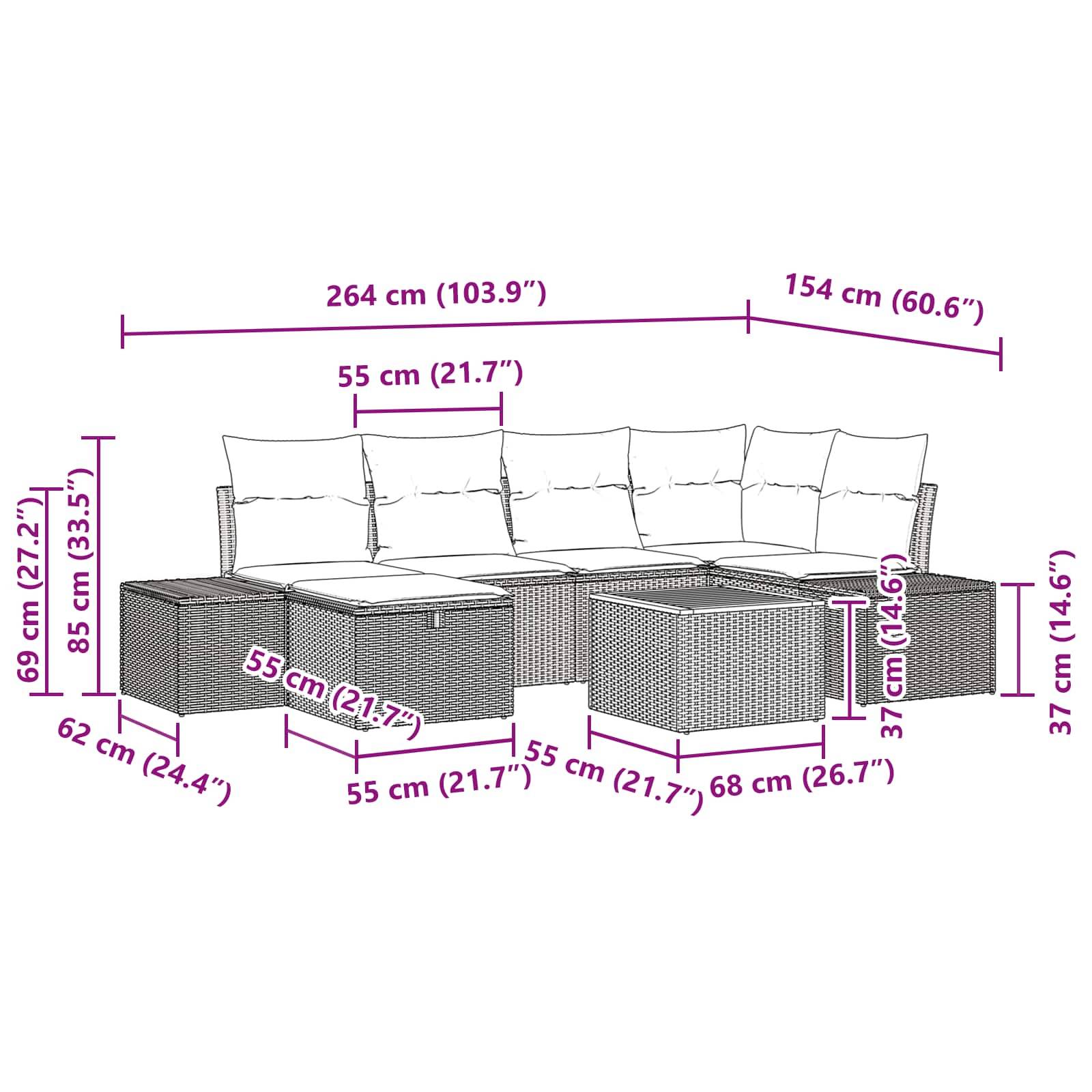 Diagramm eines L-förmigen Außen-Ecksofa mit Kissen, das folgende Abmessungen zeigt: 264 cm breit, 154 cm tief, 85 cm hoch, mit 55 cm breiten Sitzbereichen und 37 cm Armlehnenhöhe.