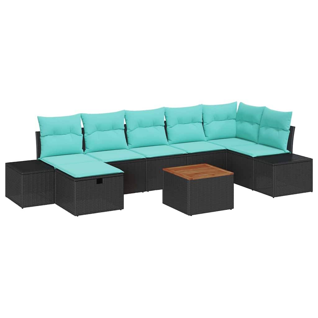 Schwarzes Korbgeflecht-Ecksofa in L-Form mit türkisfarbenen Kissen und passendem quadratischen Couchtisch auf weißem Hintergrund.