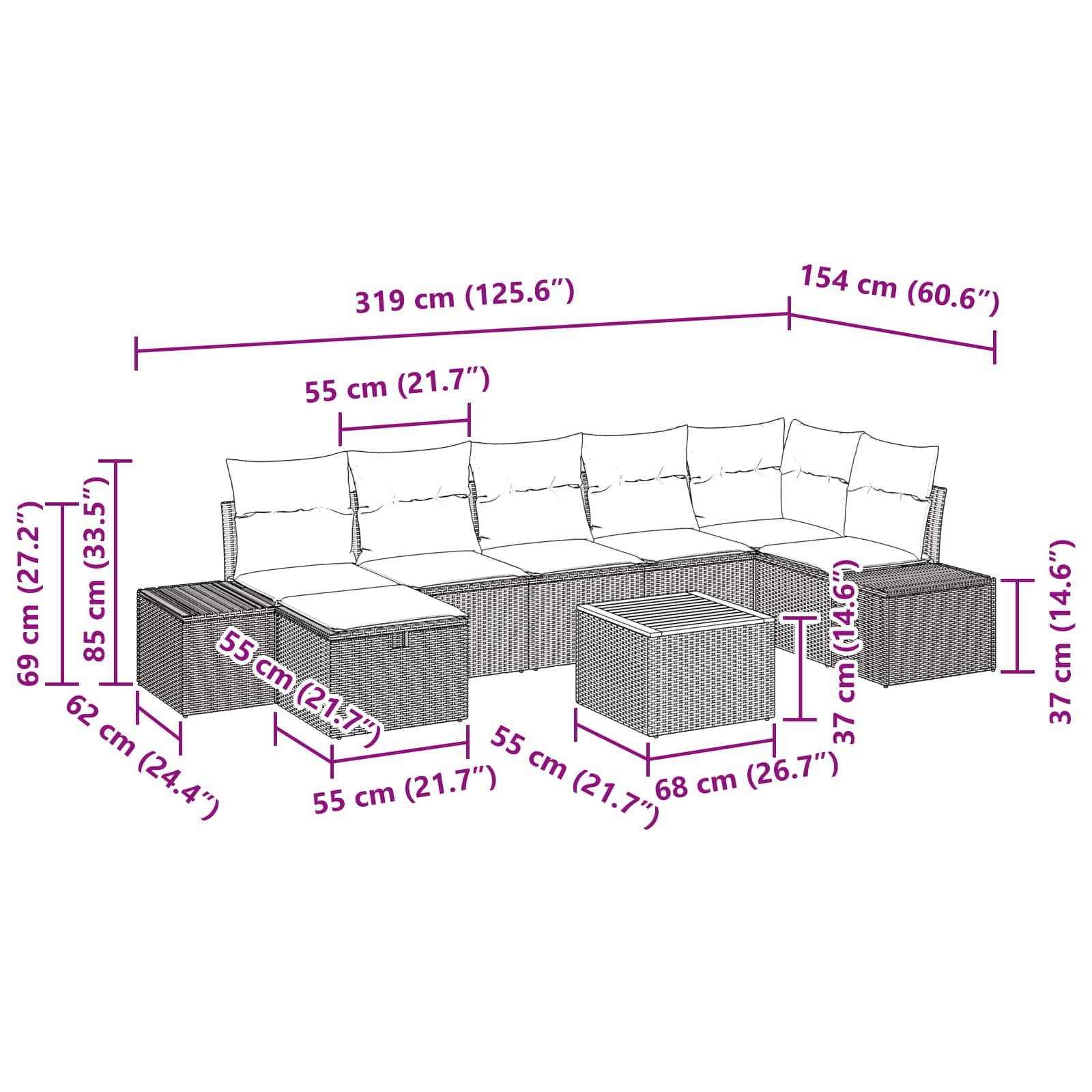 Maße-Diagramm eines modularen Outdoor-Lounge-Sets, das die Gesamtgröße von 319 cm Breite, 154 cm Tiefe und einzelne Sitz-/Ottomane-Maße zeigt.